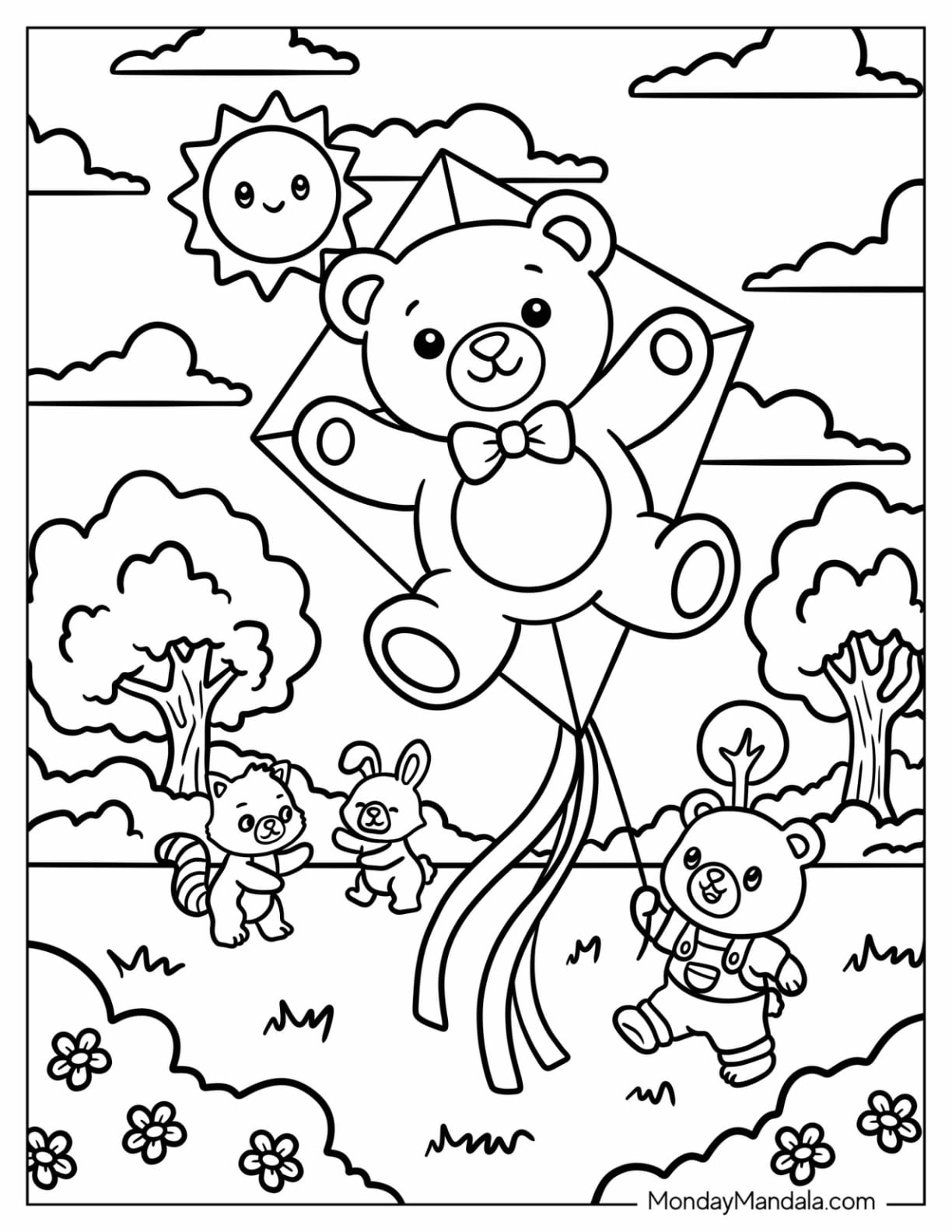 Bear Flying a Bear Kite Coloring Page in the Park