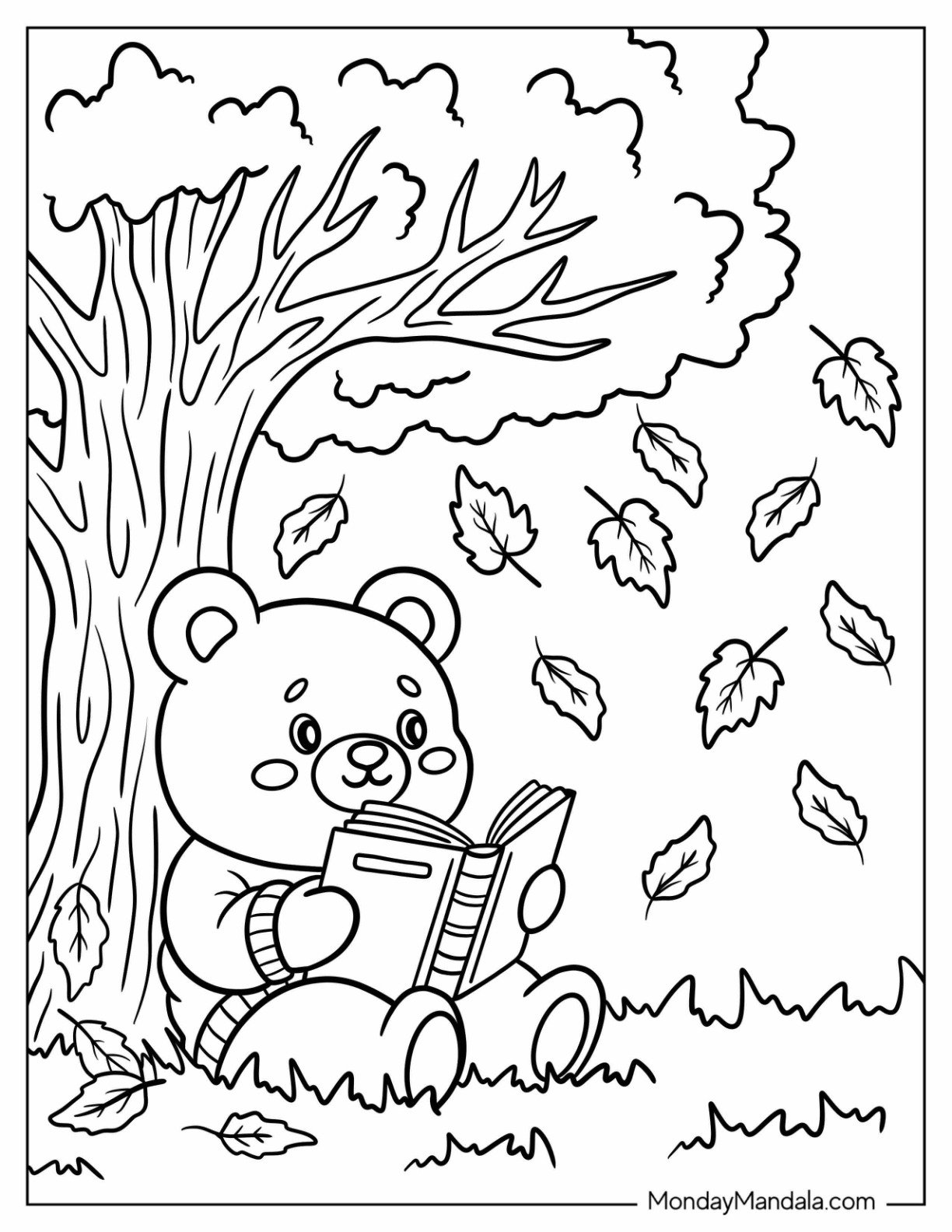 Bear Reading Under a Tree in Fall Coloring Page for Kids