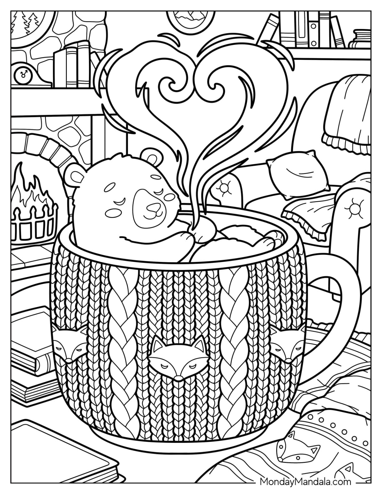 Bear in a Knitted Coffee Mug by the Fireplace Coloring Sheet for Kids