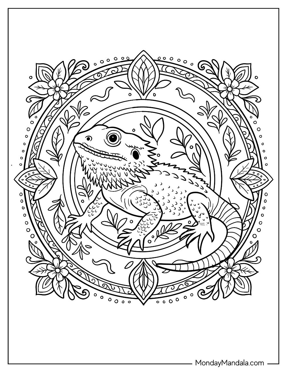 Bearded Dragon Coloring Page Inside a Simple Floral Mandala