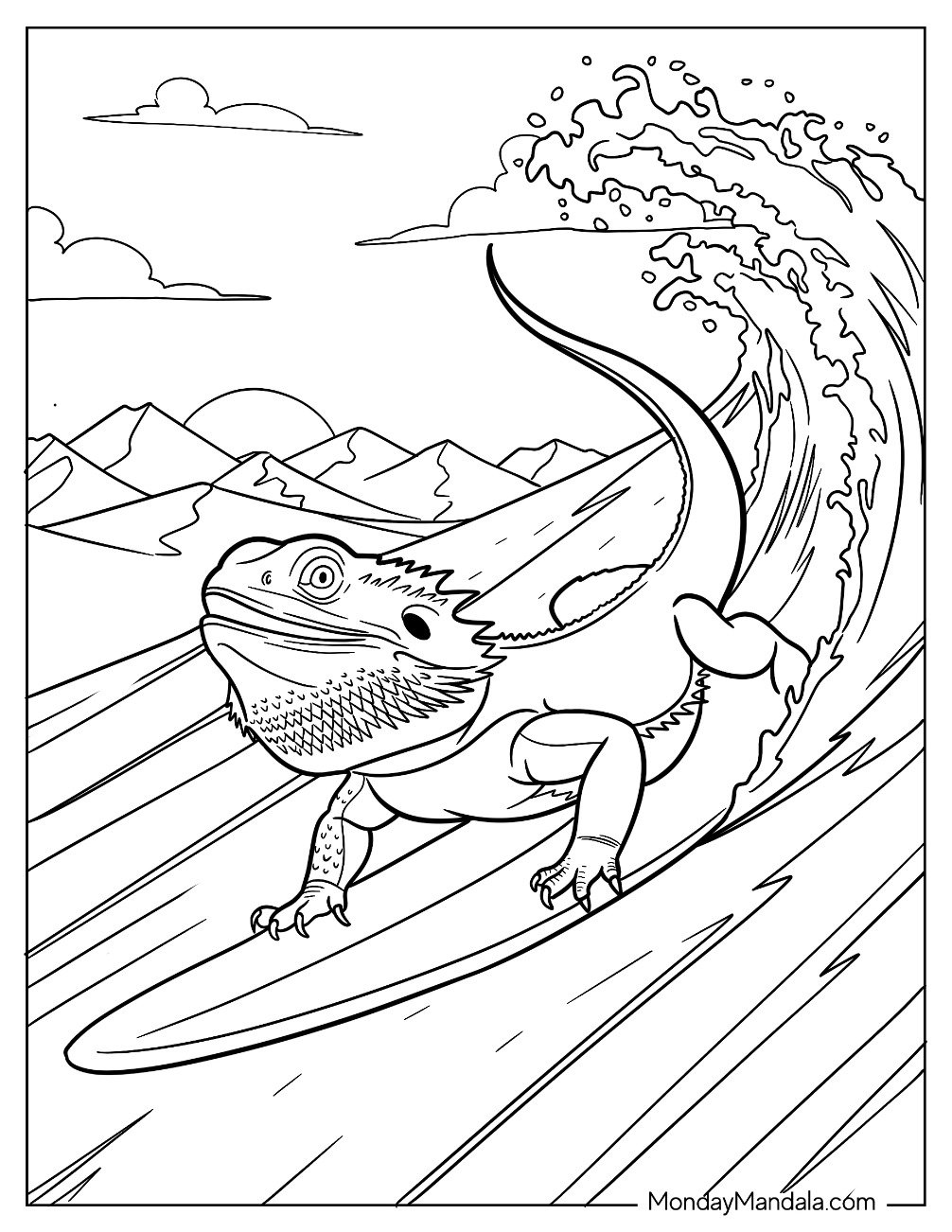 Bearded Dragon Coloring Page Surfing with Mountainous Background