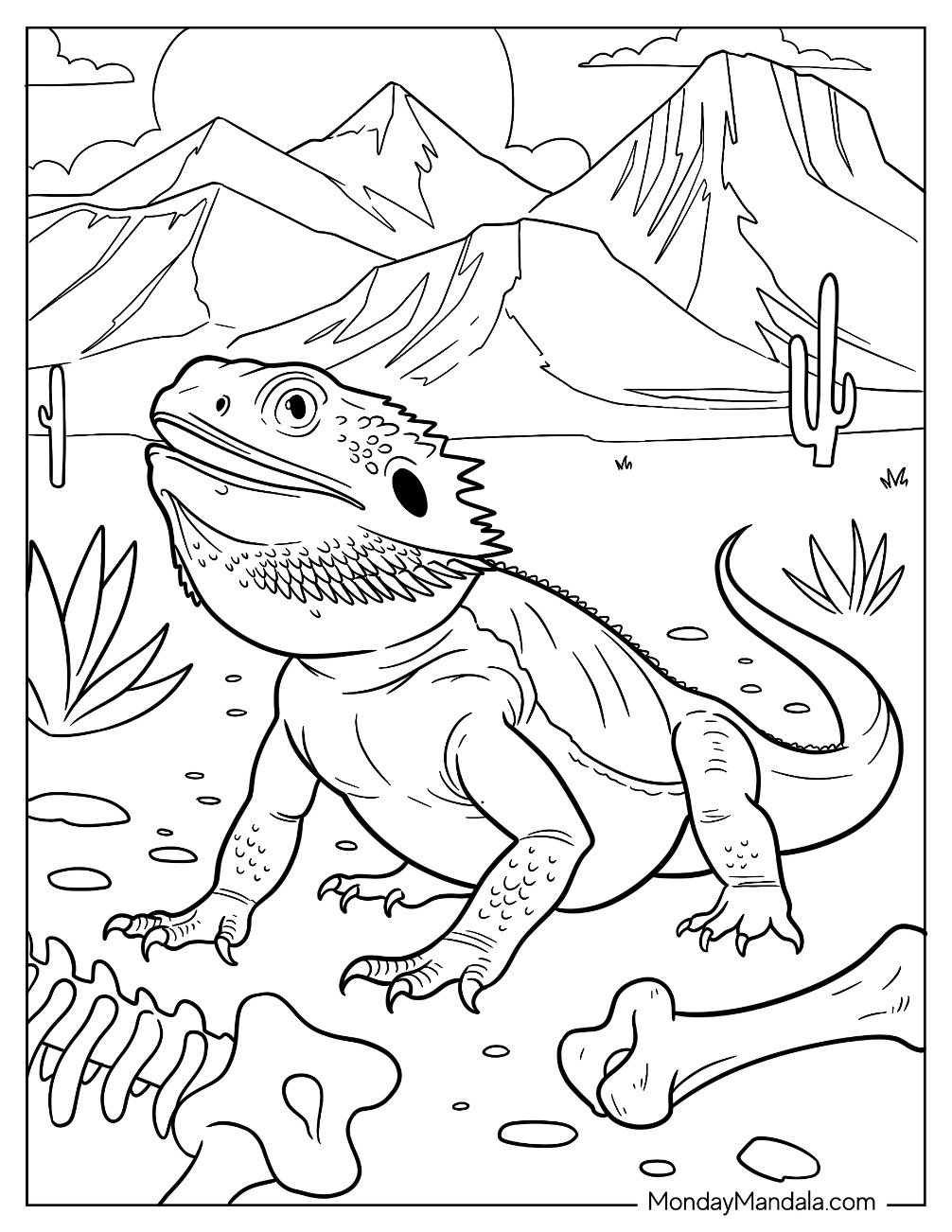 Bearded Dragon Coloring Page with Detailed Scales in the Desert