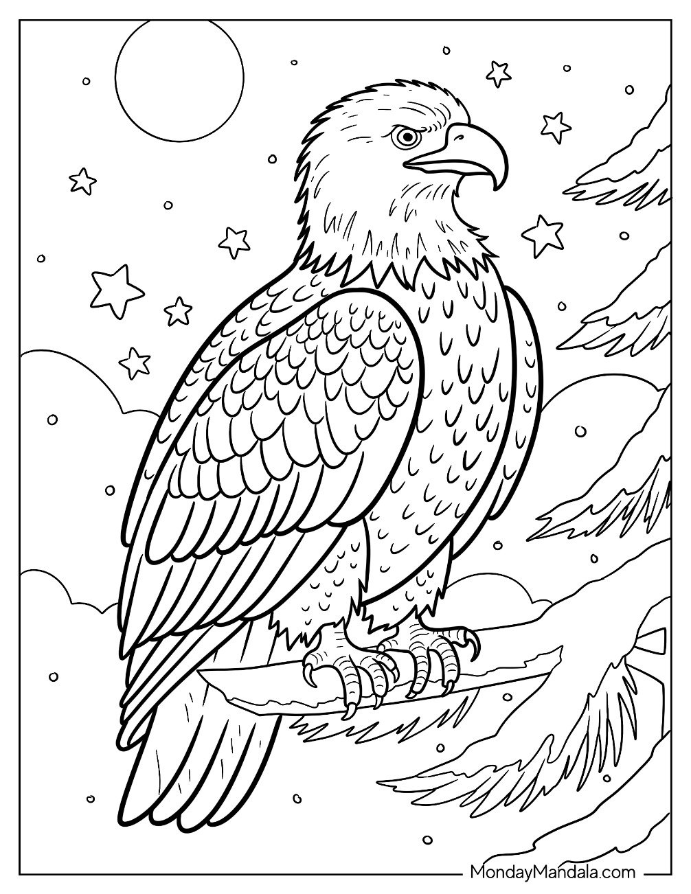 Beautiful Bald Eagle Coloring Page Resting on a Starry Night