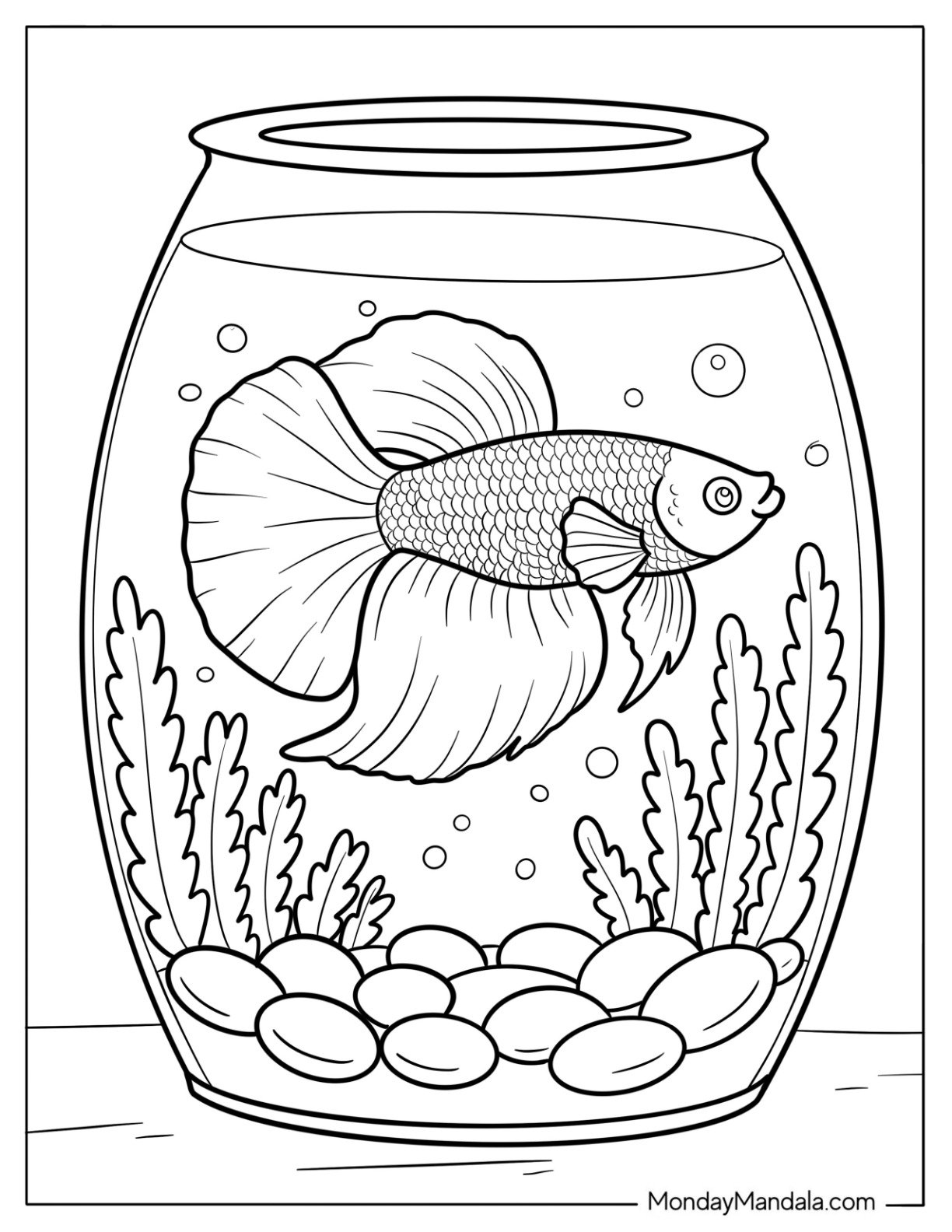 Fish Coloring Page of Beautiful Betta Fish Swimming in Fishbowl