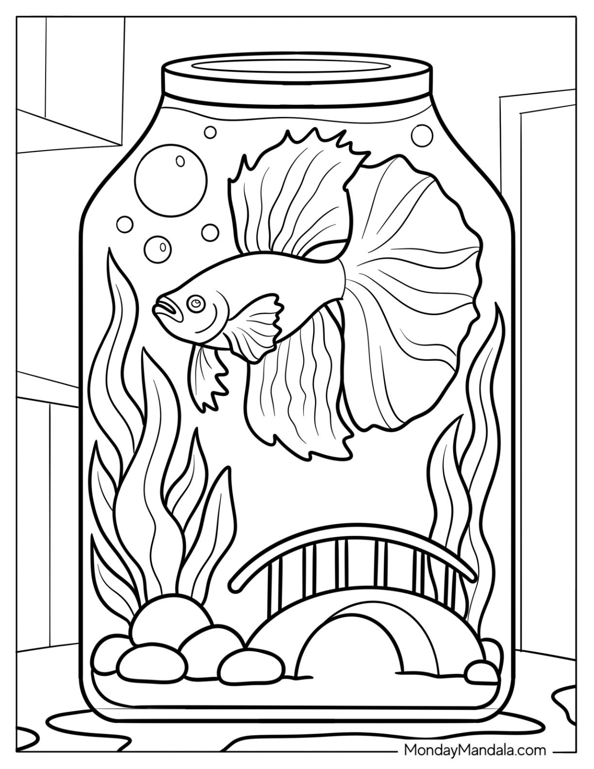 Beautiful Betta Fish Coloring Page in Bottle Tank with Plants and Pebbles