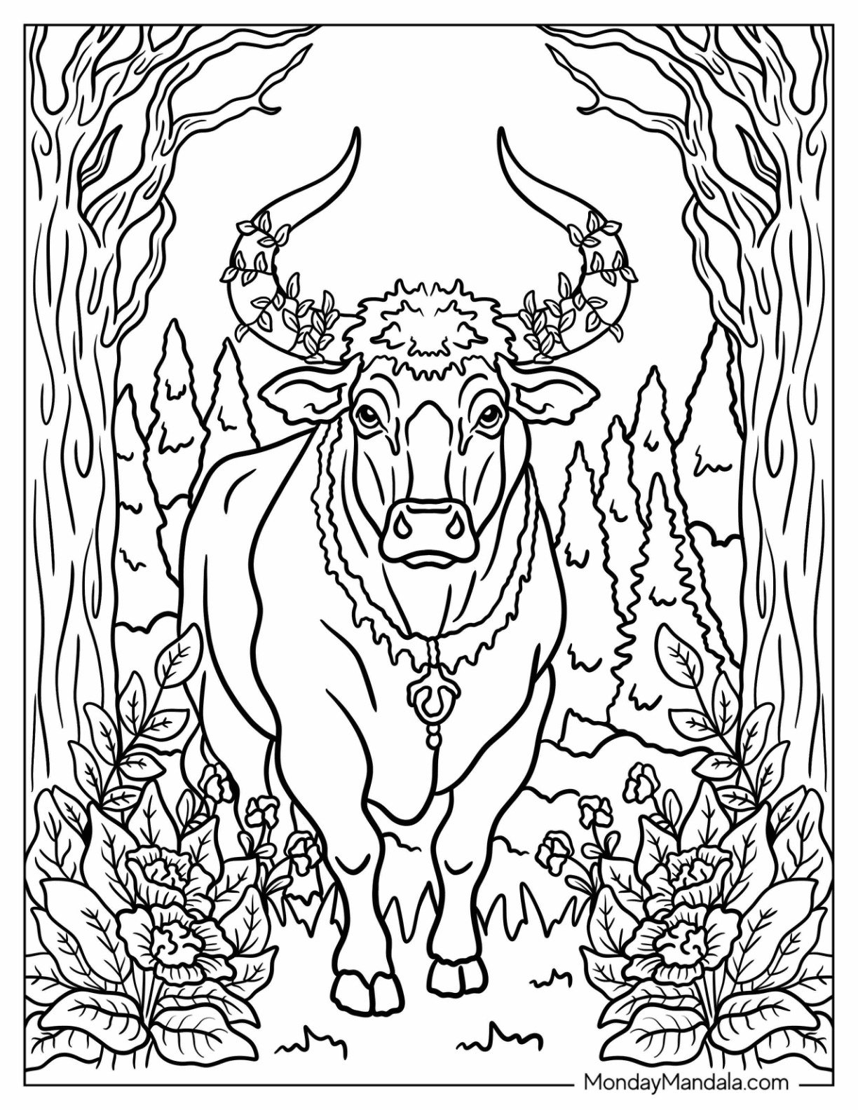 Beautiful Bull Coloring Page with Vines around Its Horns