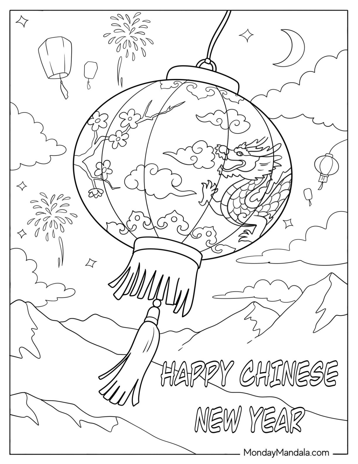 Chinese New Year Coloring Page of Beautiful Chinese Lantern with Dragon Design