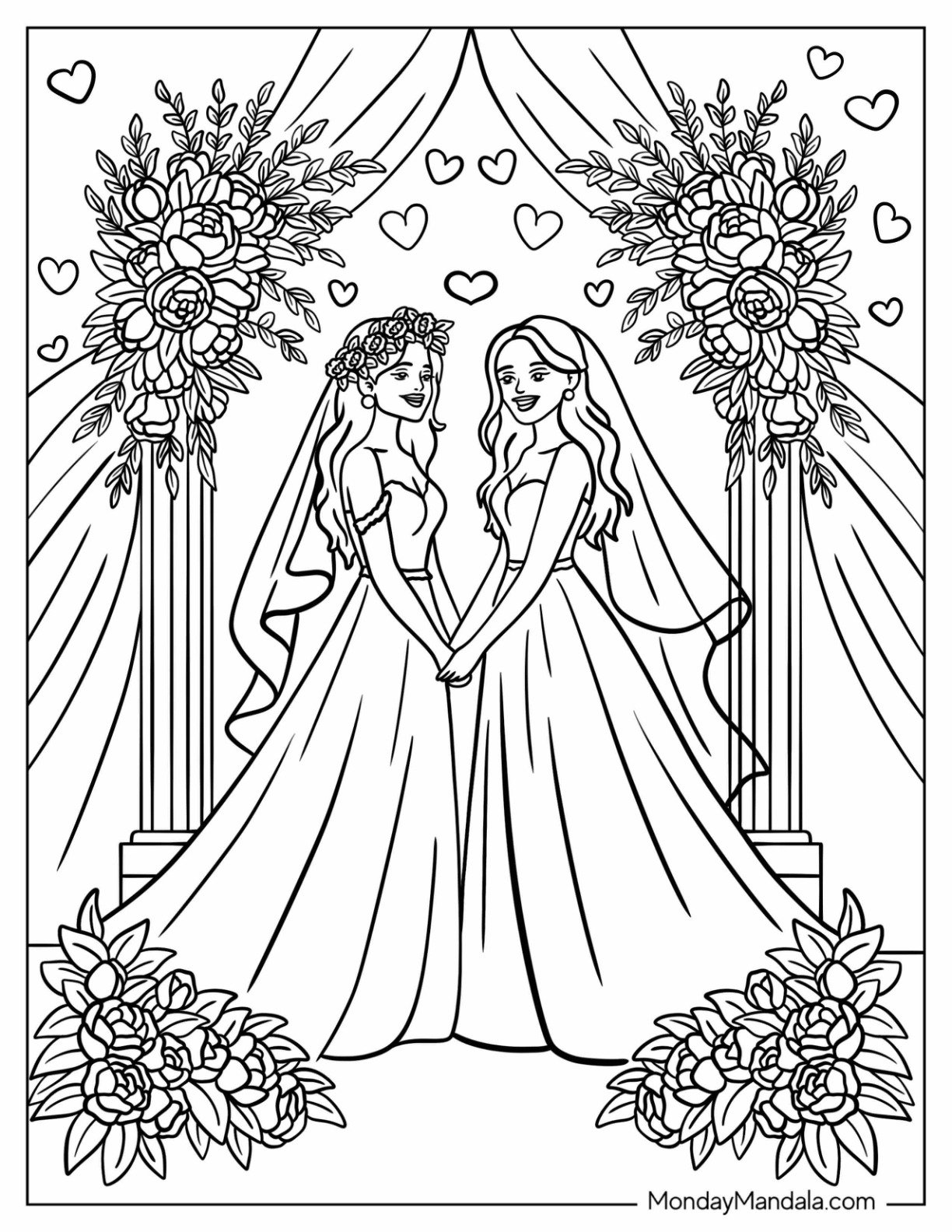 Beautiful Couple Surrounded by Flowers and Love Hearts on Wedding Day