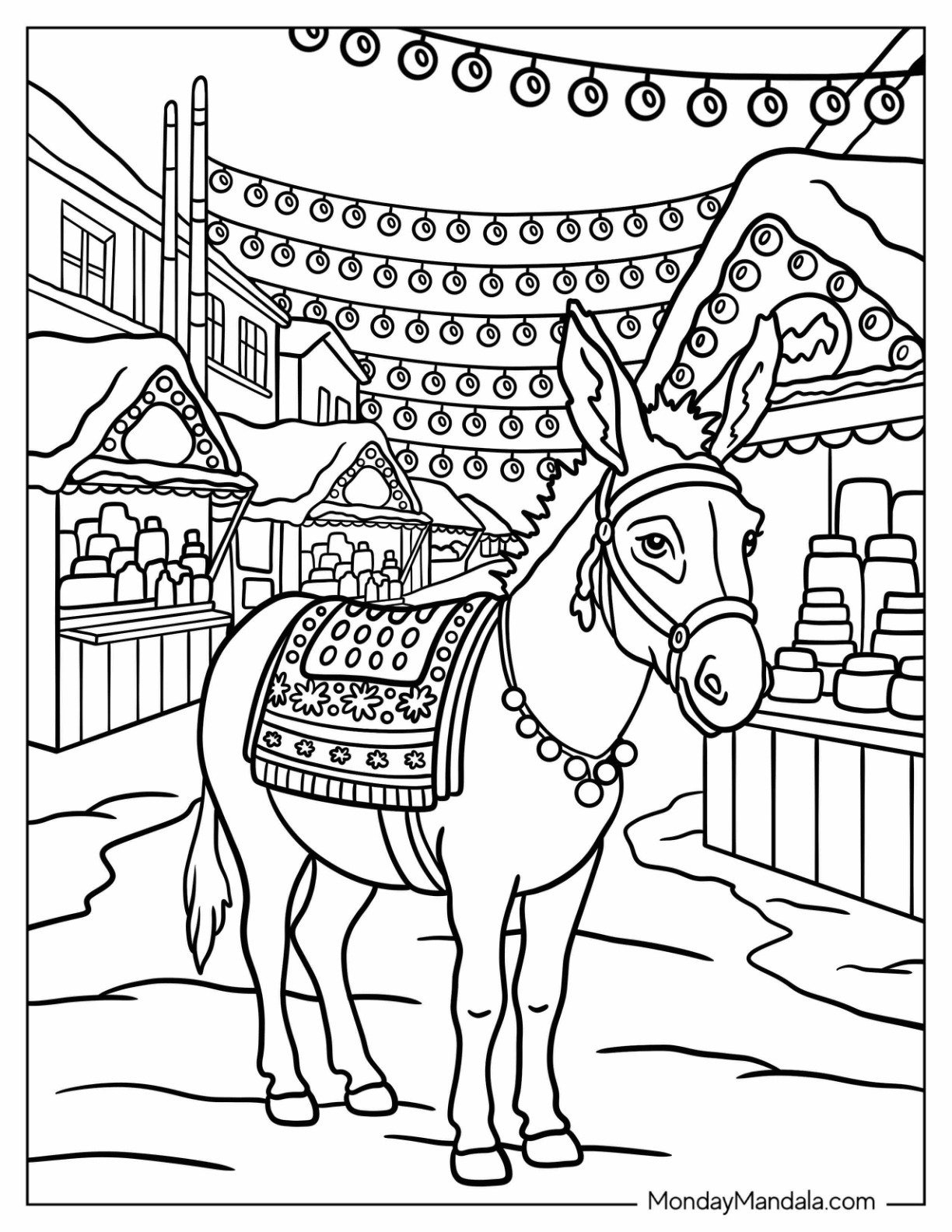 Beautiful Donkey Coloring Page with Ornamental Saddle at the Village Fair