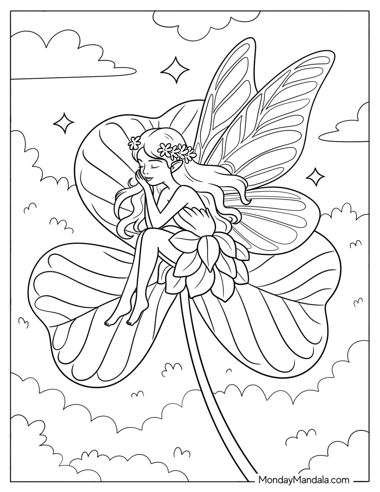 Beautiful Fairy Sleeping on a Shamrock Coloring Page