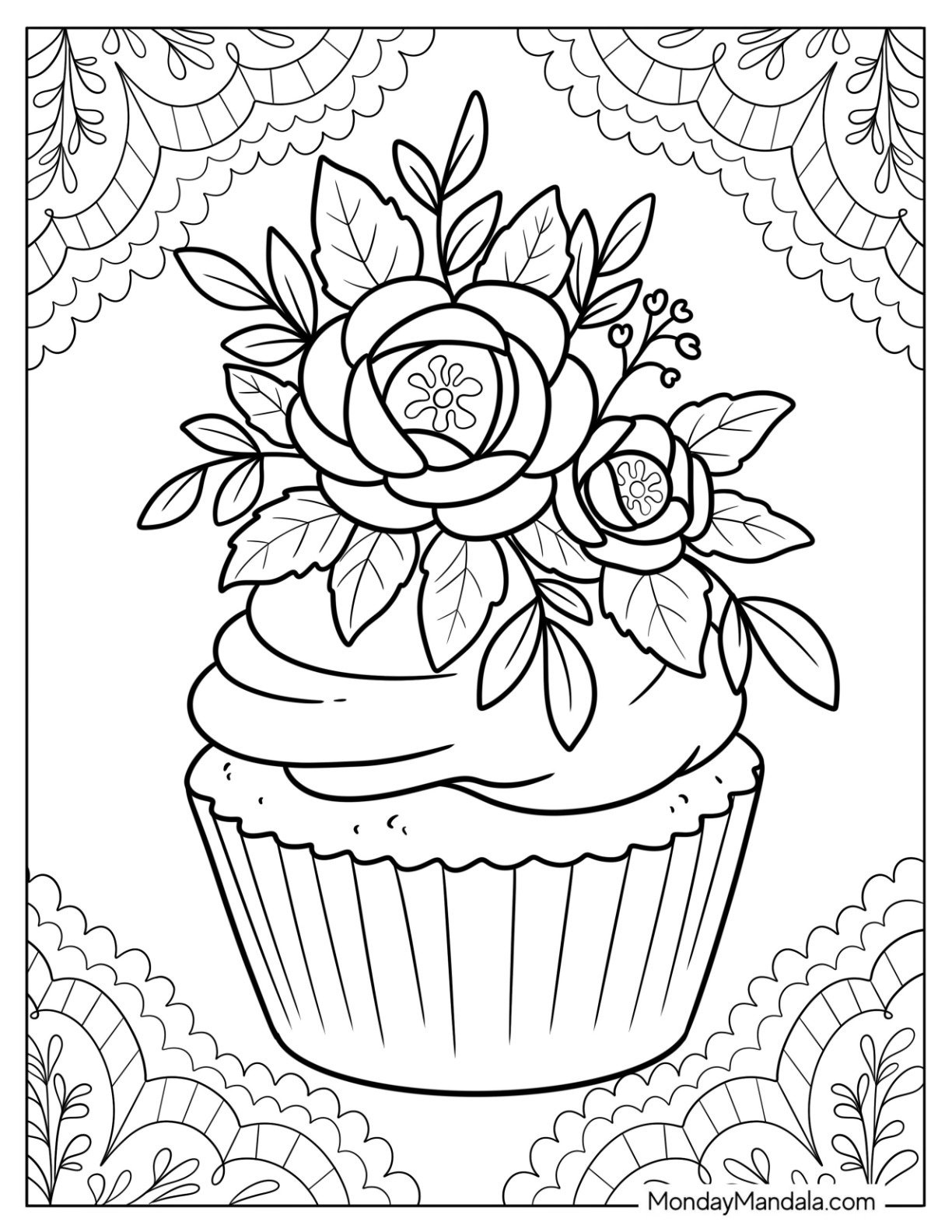 Beautiful Floral Cupcake Coloring Page with Large Petals and Decorative Border