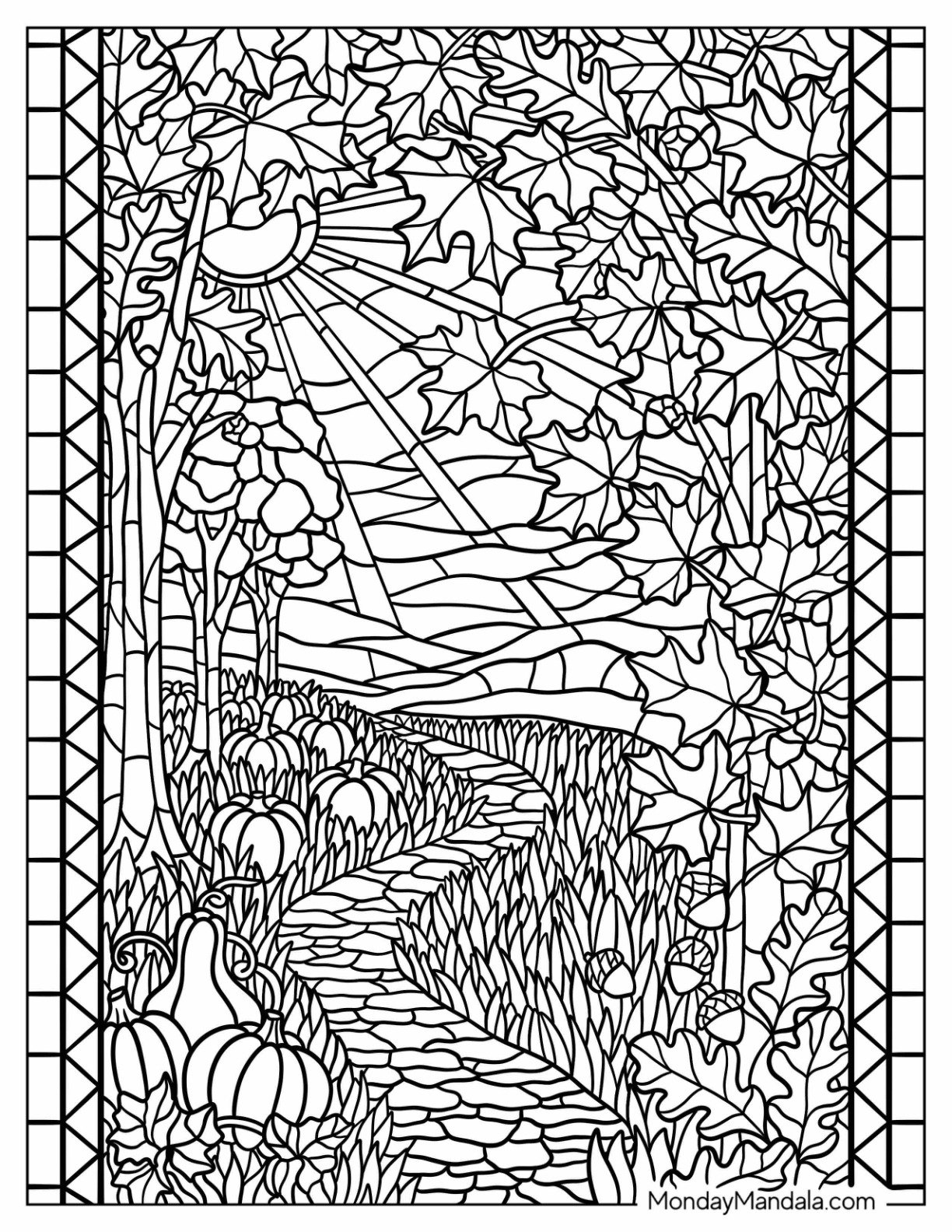 Autumn & Fall Coloring Page for Adults of Beautiful Forest Path with Pumpkins and Falling Leaves in Autumn Stained Glass