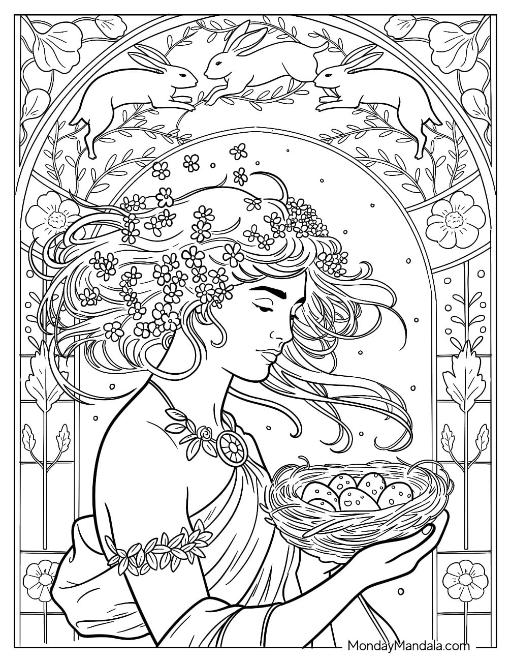 Easter For Adults Coloring Page of Beautiful Goddess Holding a Nest of Easter Eggs