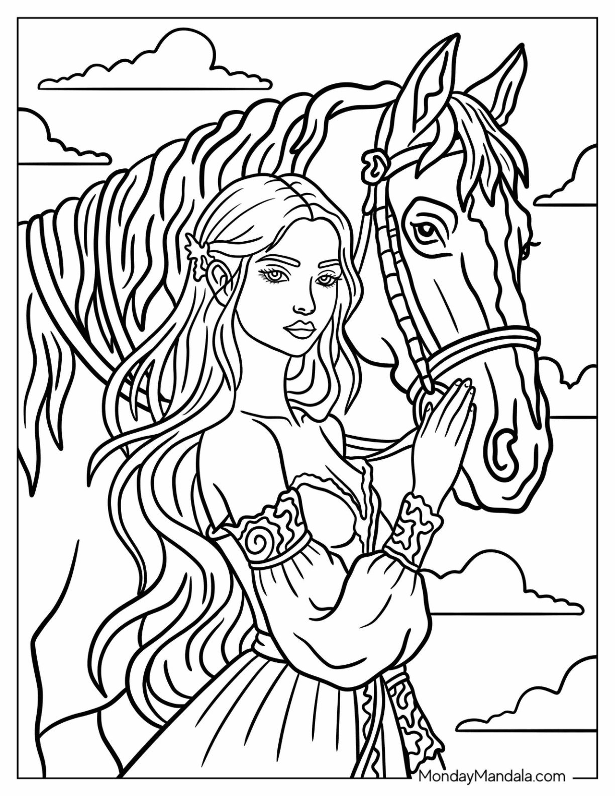 Beautiful Lady Holding Her Horse Coloring Page