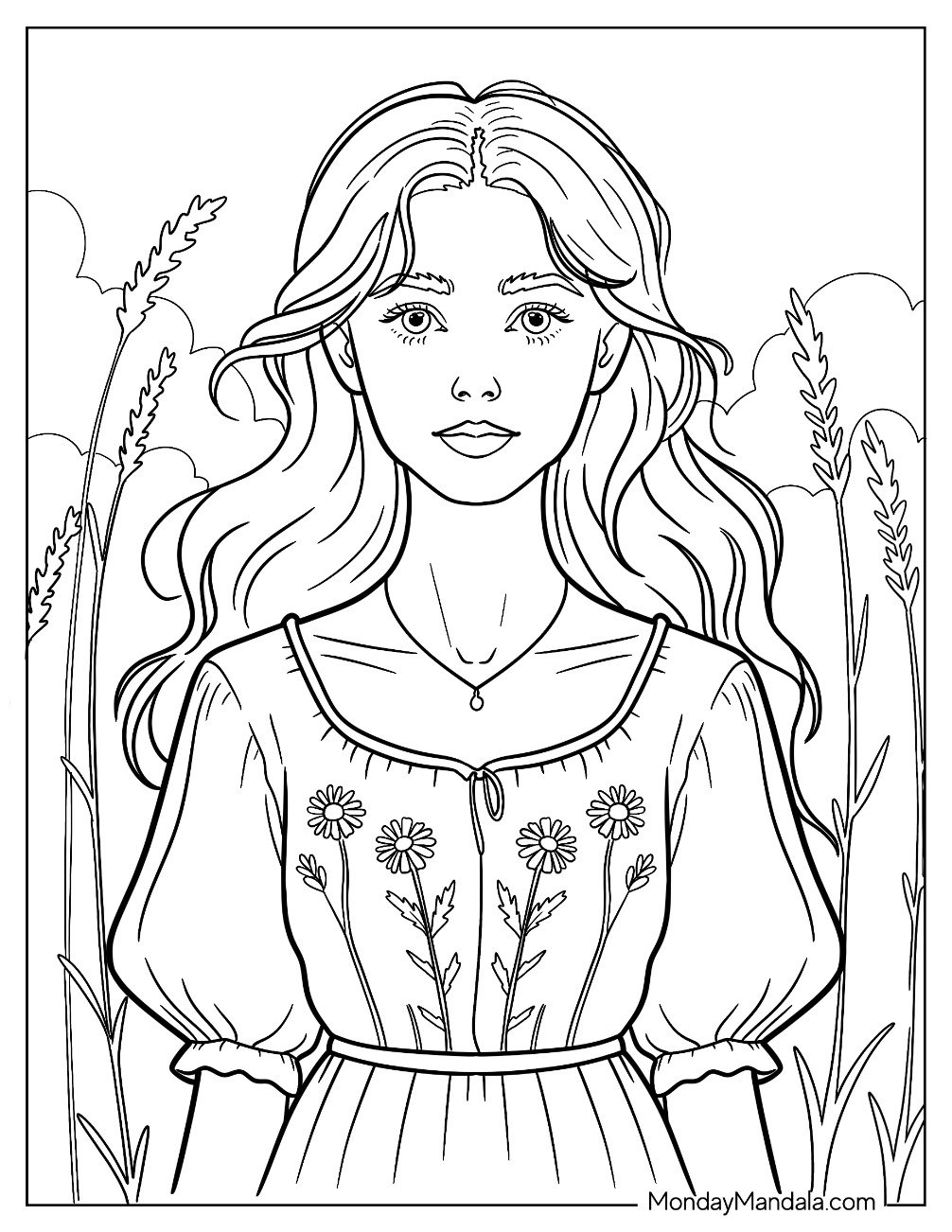 People Coloring Page of Beautiful Lady In a Sundress Standing In A Wheat Field