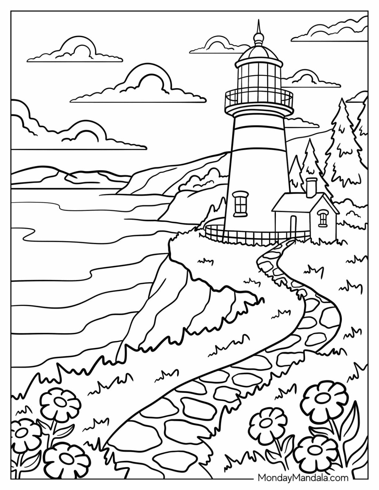 Beautiful Lighthouse with Stone Pathway and Calm Sea