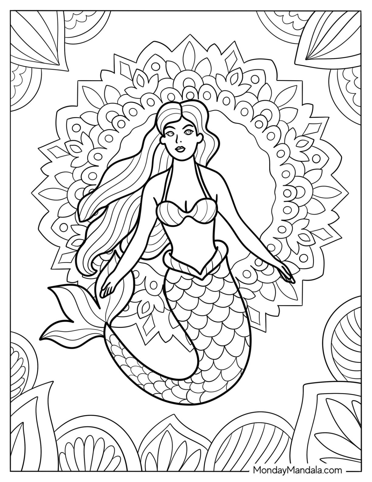 Beautiful Mermaid Coloring Page at the Center of Floral Mandala