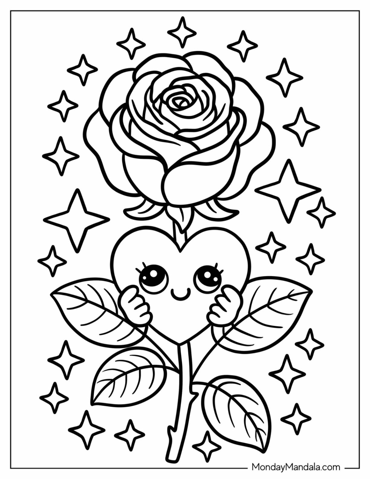Beautiful Rose Coloring Page Holding Love Heart with Sparkles for Kids