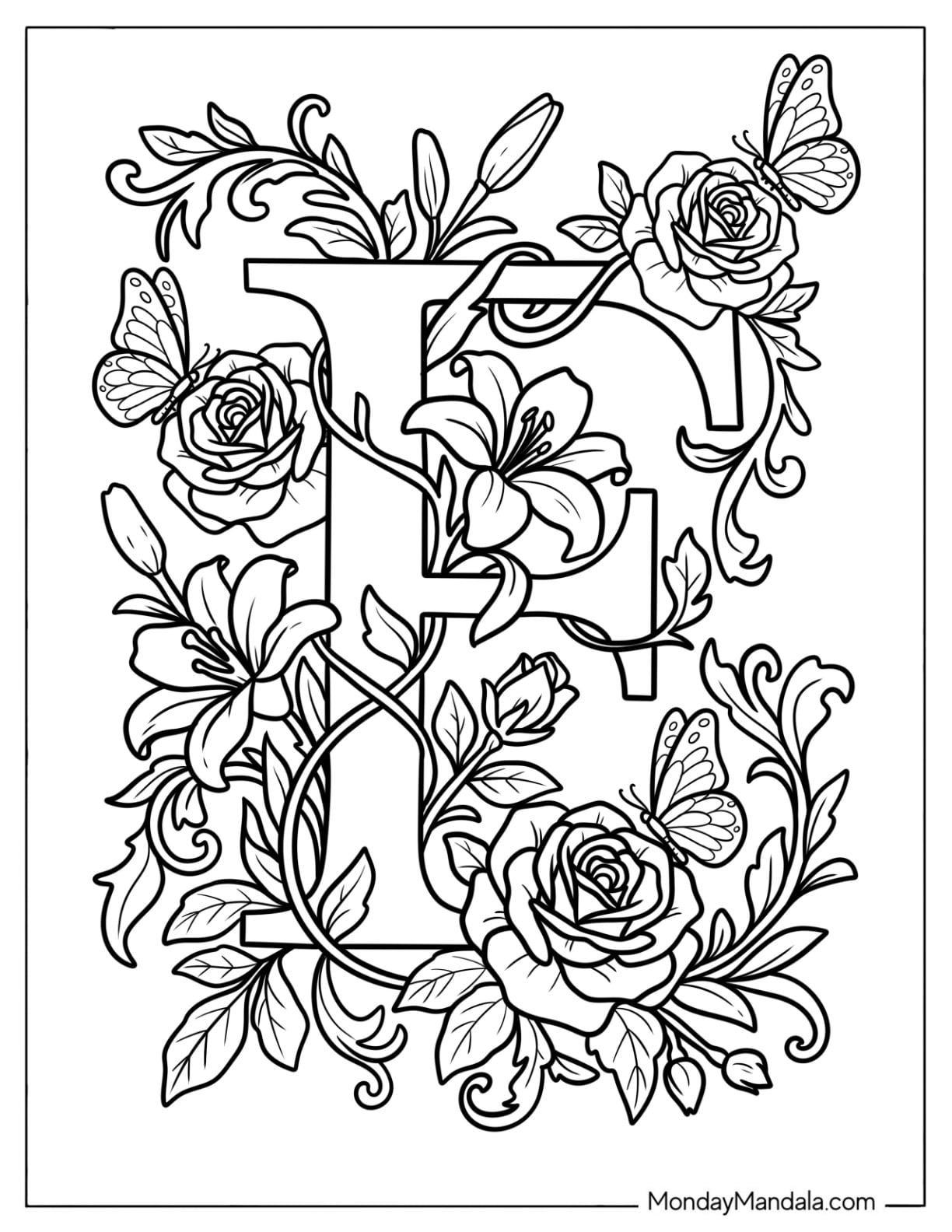 Beautiful Serif Letter F Coloring Page Covered in Roses and Butterflies