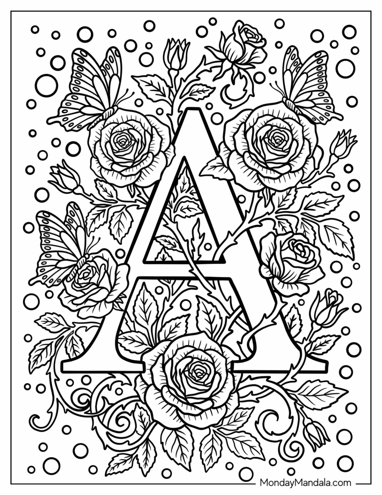Beautiful Serif Letter A Coloring Page with Roses and Butterflies