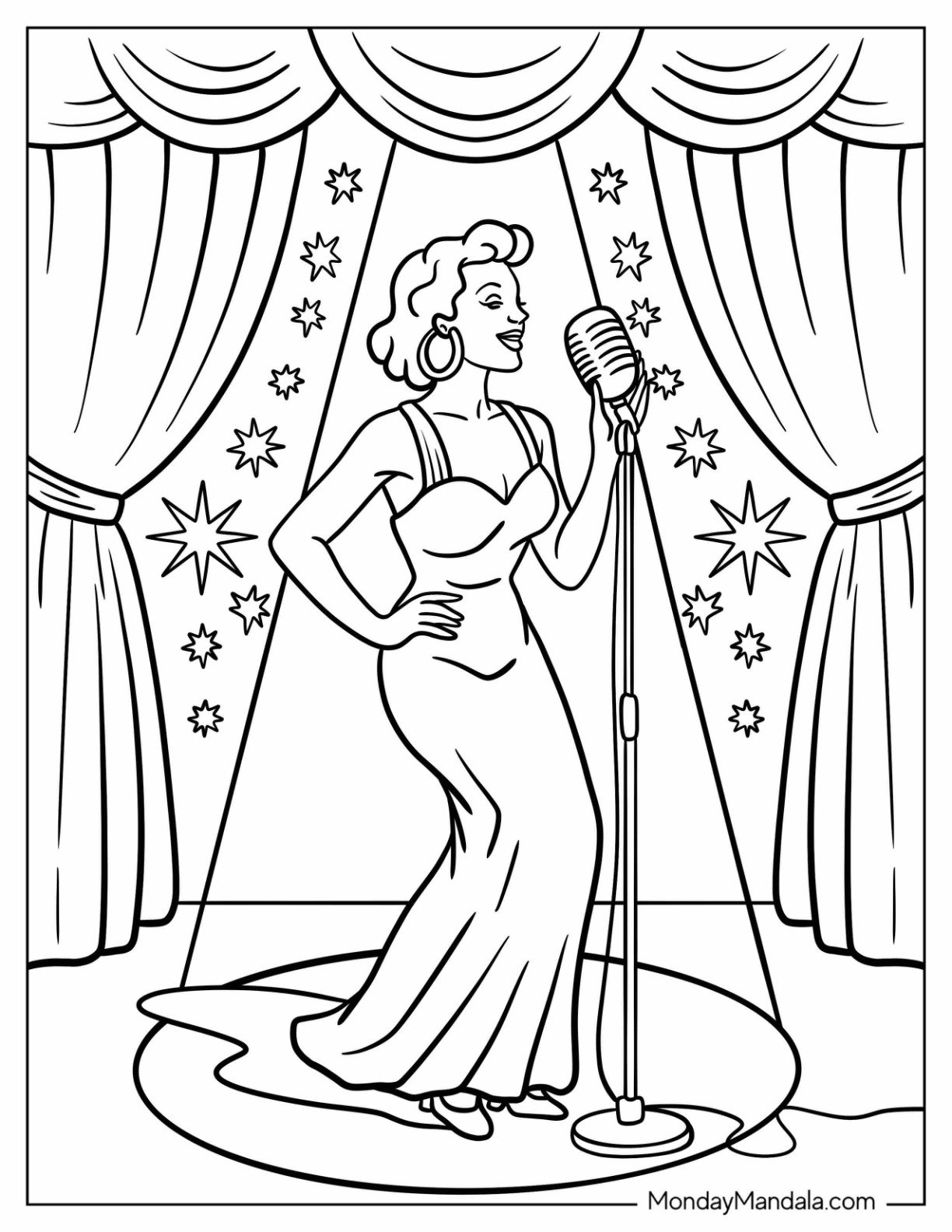 Beautiful Vintage Coloring Page of Singer on Stage in a Gown Singing With Spotlight on Her