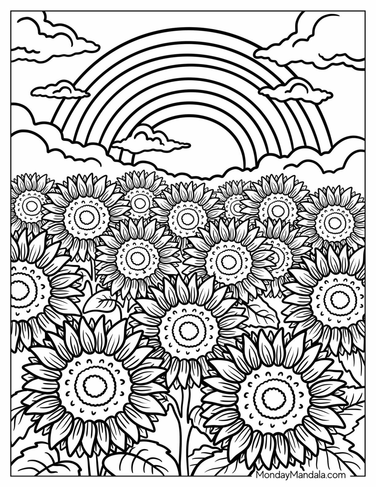 Beautiful Sunflower Coloring Page Under a Rainbow for Kidspdf