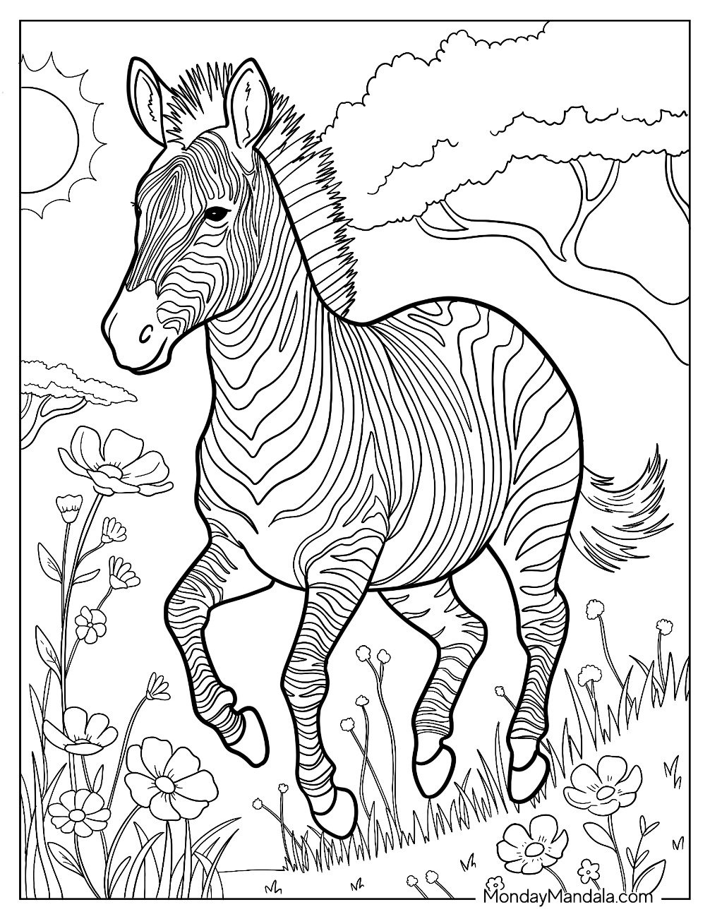 Beautiful Zebra Coloring Page Running in a Flower Field