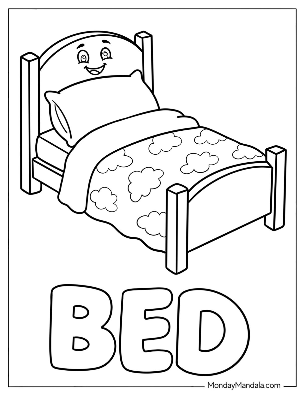 Bed with Cloud Patterned Blanket Coloring Page for Toddlers