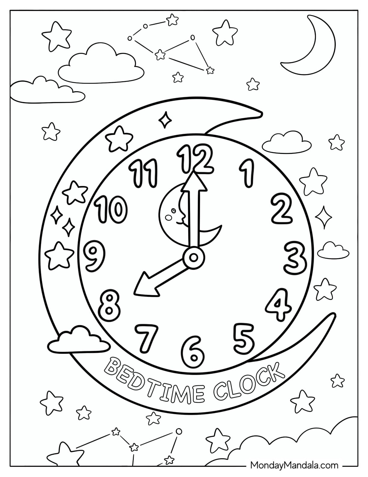 Bedtime Clock Surrounded by Stars and Crescent Moons Coloring Sheet