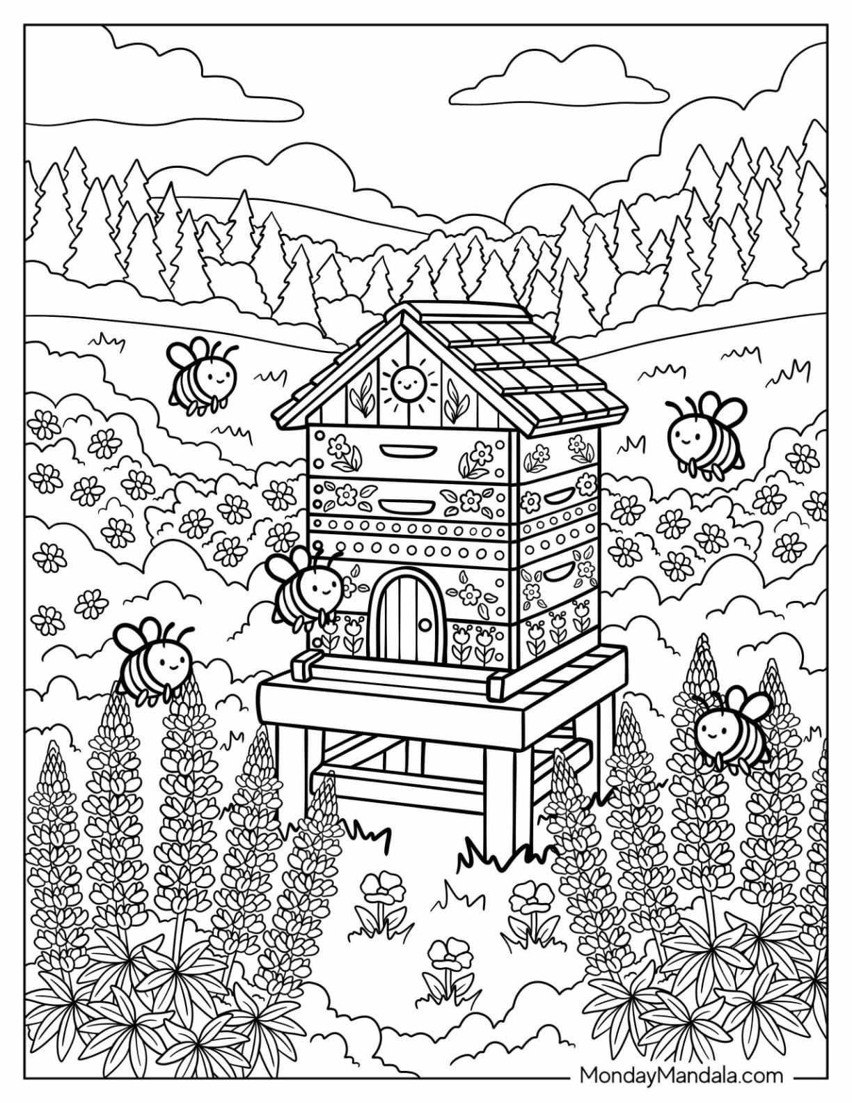 Beehive Garden with Honeybees, Wildflowers, and Mountain Landscape Coloring Page