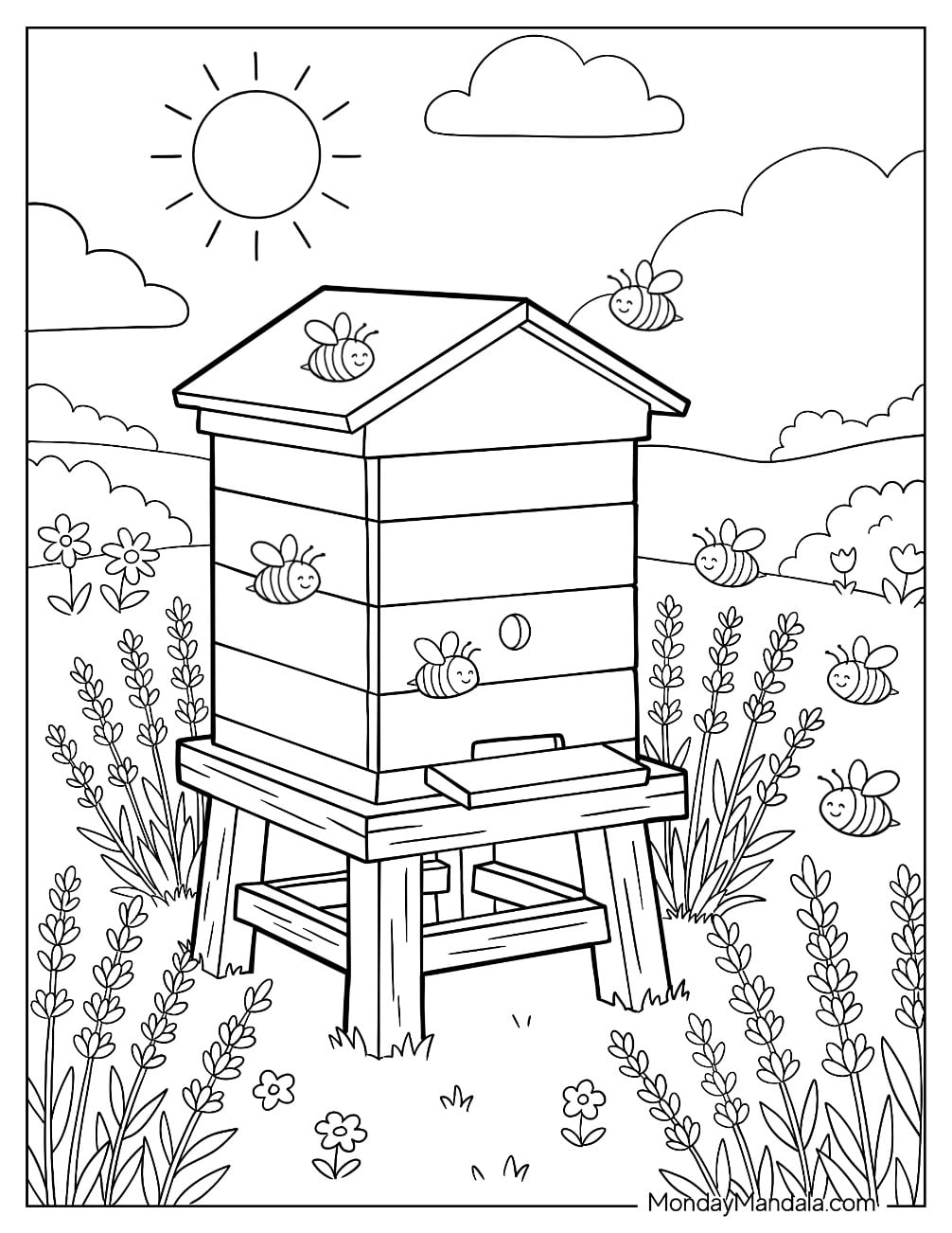 Beehive in a Flower Garden with Honeybees and Wildflowers Coloring Sheet