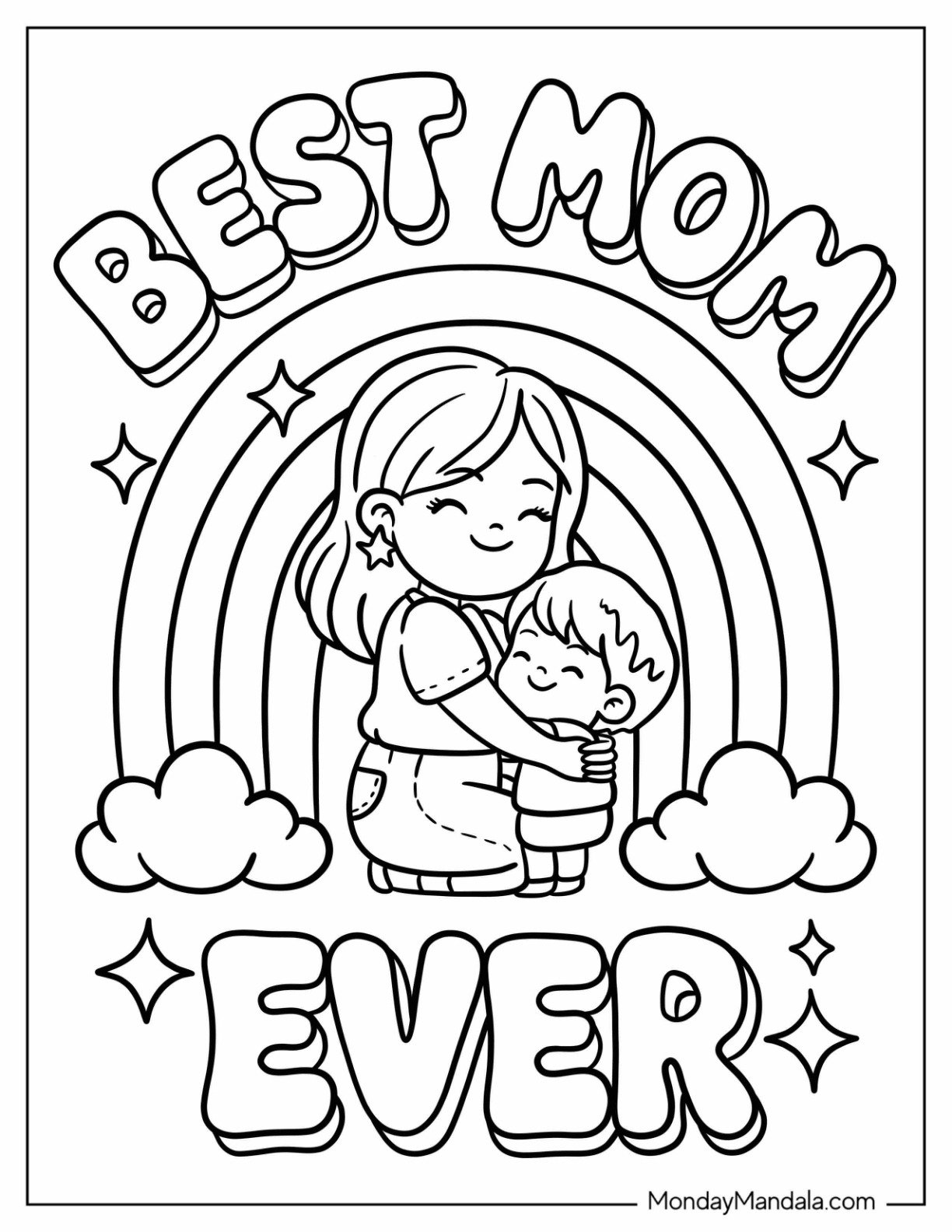 Mother's Day Coloring Page of Best Mom Ever With Chibi Mom and Child Hugging For Preschoolers