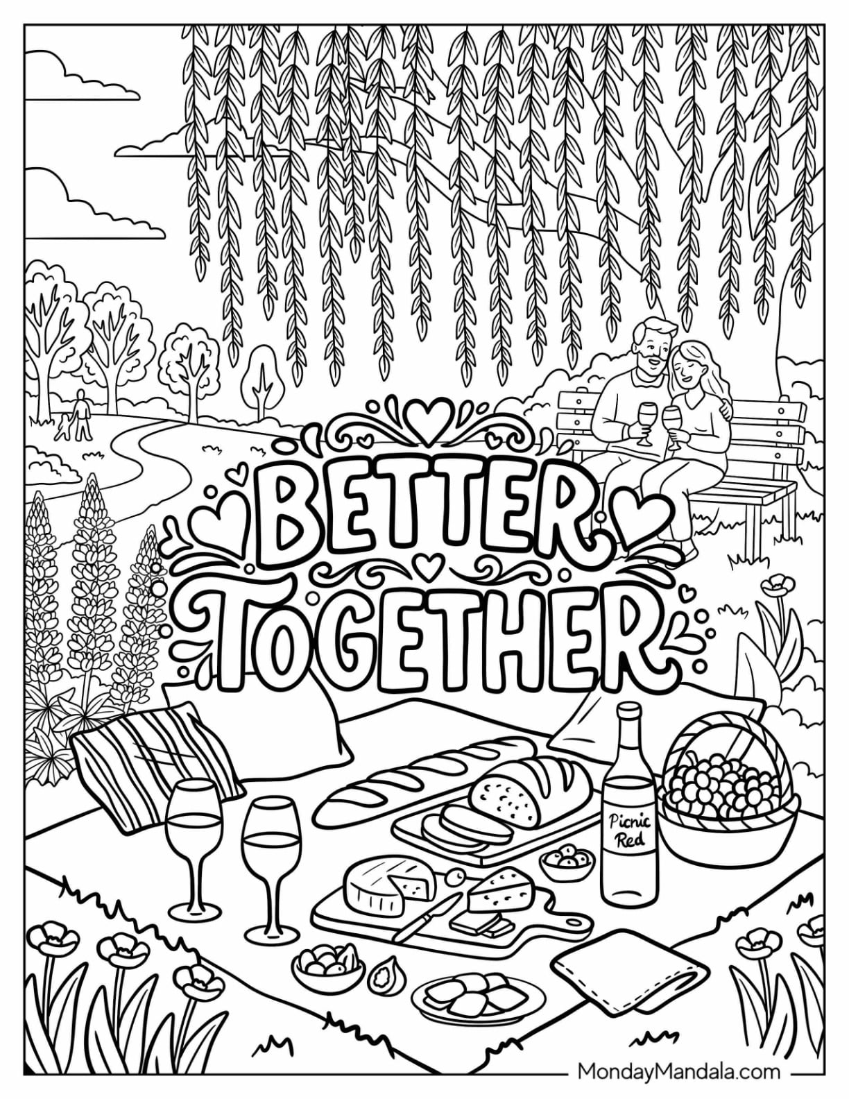 “Better Together” Picnic in a Flower Garden with Wine, Food, and Couple