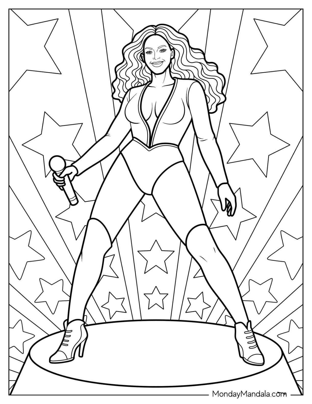 Beyoncé Coloring Page Performing in Bodysuit With Radiating Stage Lights