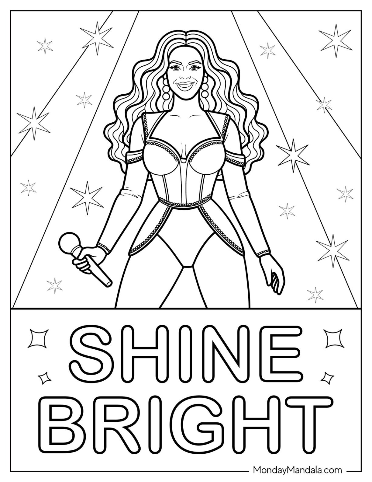 Beyoncé Coloring Page Performing in Starry Spotlight With ‘Shine Bright’ Quote