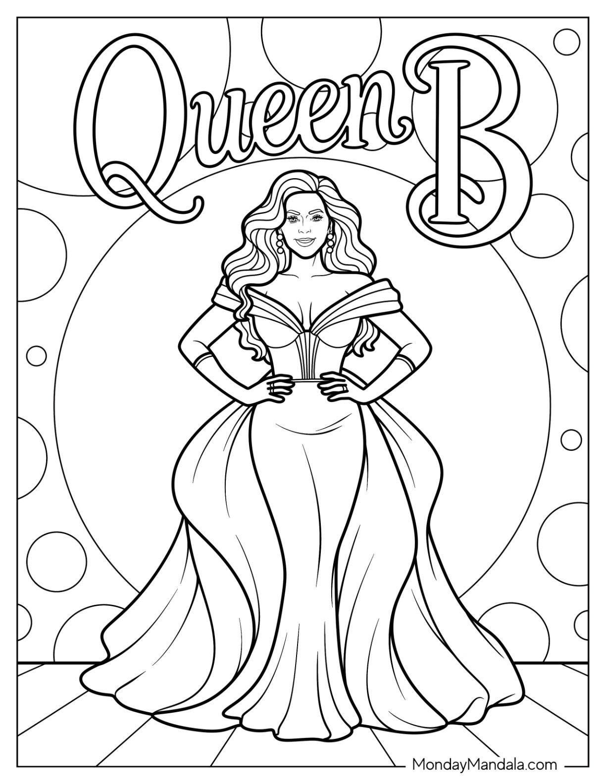 Beyoncé Coloring Page Wearing Royal Gown With Confident Pose Under ‘Queen B’ Text