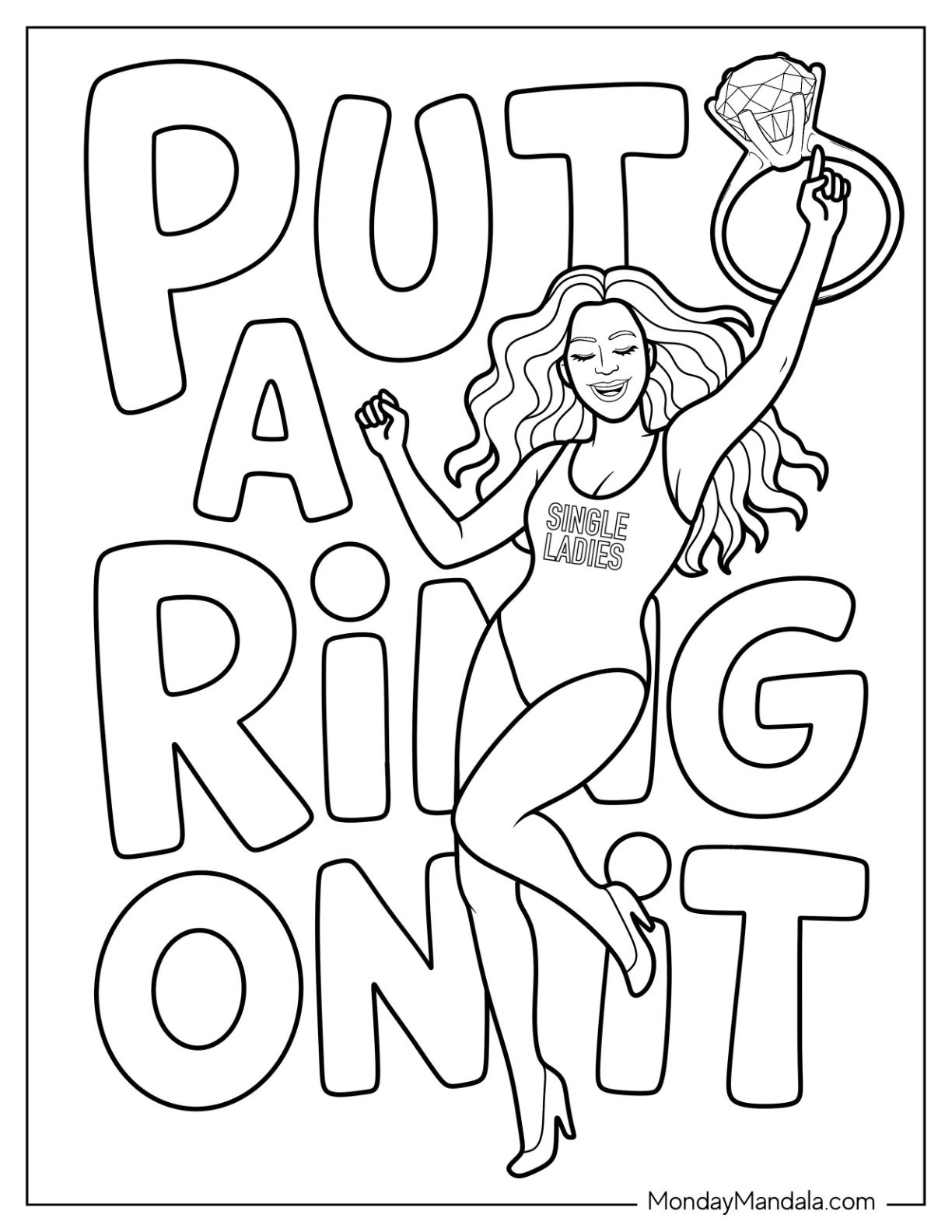 Beyoncé Coloring Page in ‘Single Ladies’ Pose With Giant Ring and Bold Quote for Kids