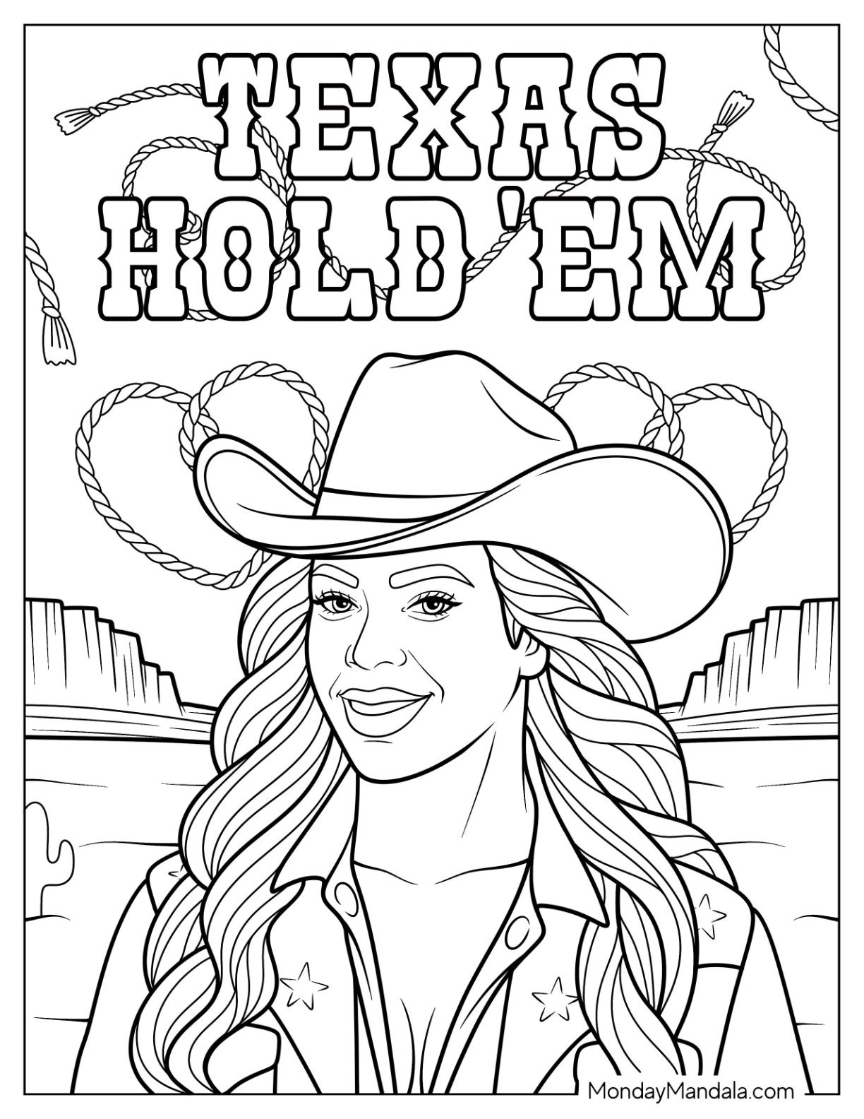Beyoncé Coloring Page in Cowboy Hat and Western Outfit With Texas Hold ’Em Text