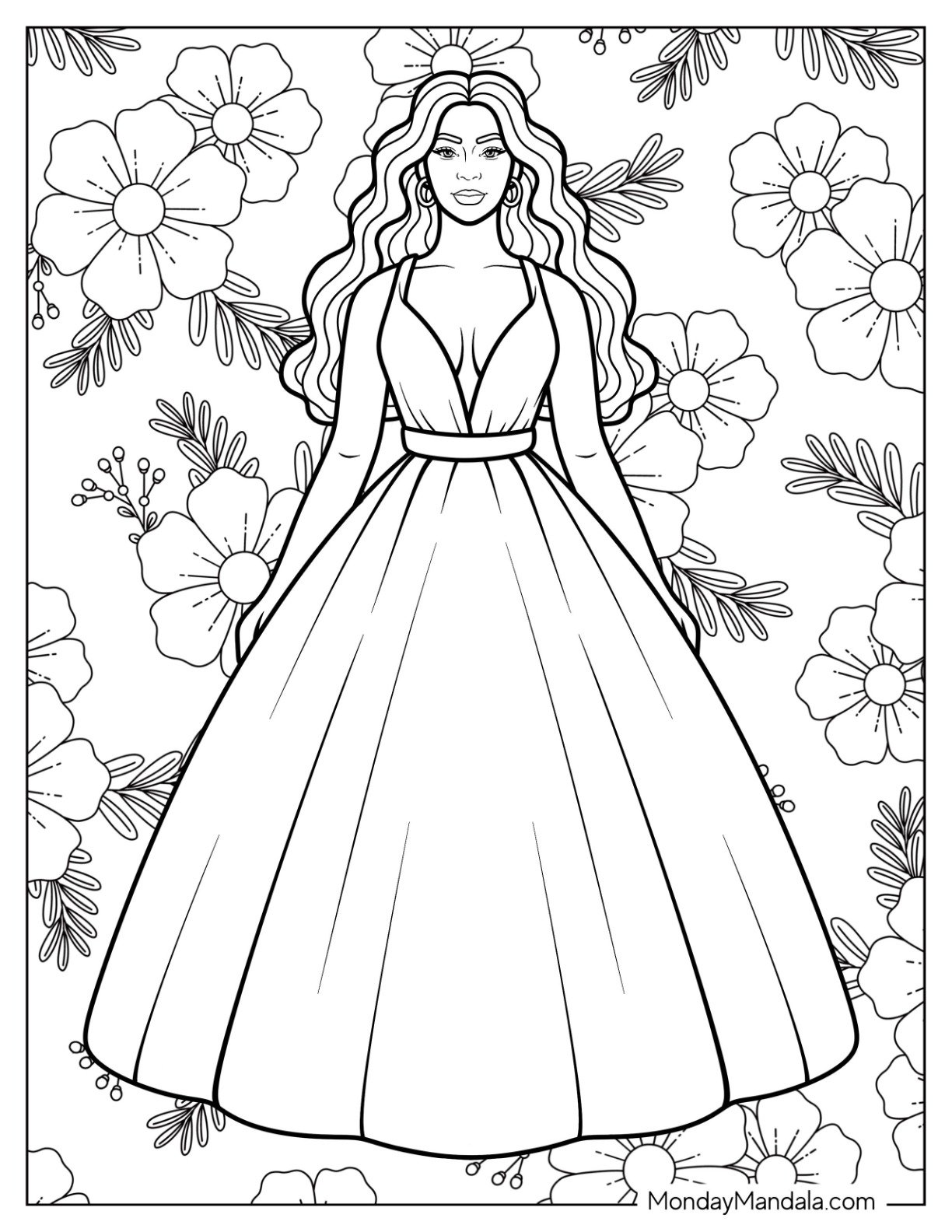 Beyoncé Coloring Page in Flowing Gown Surrounded by Floral Pattern for Kids