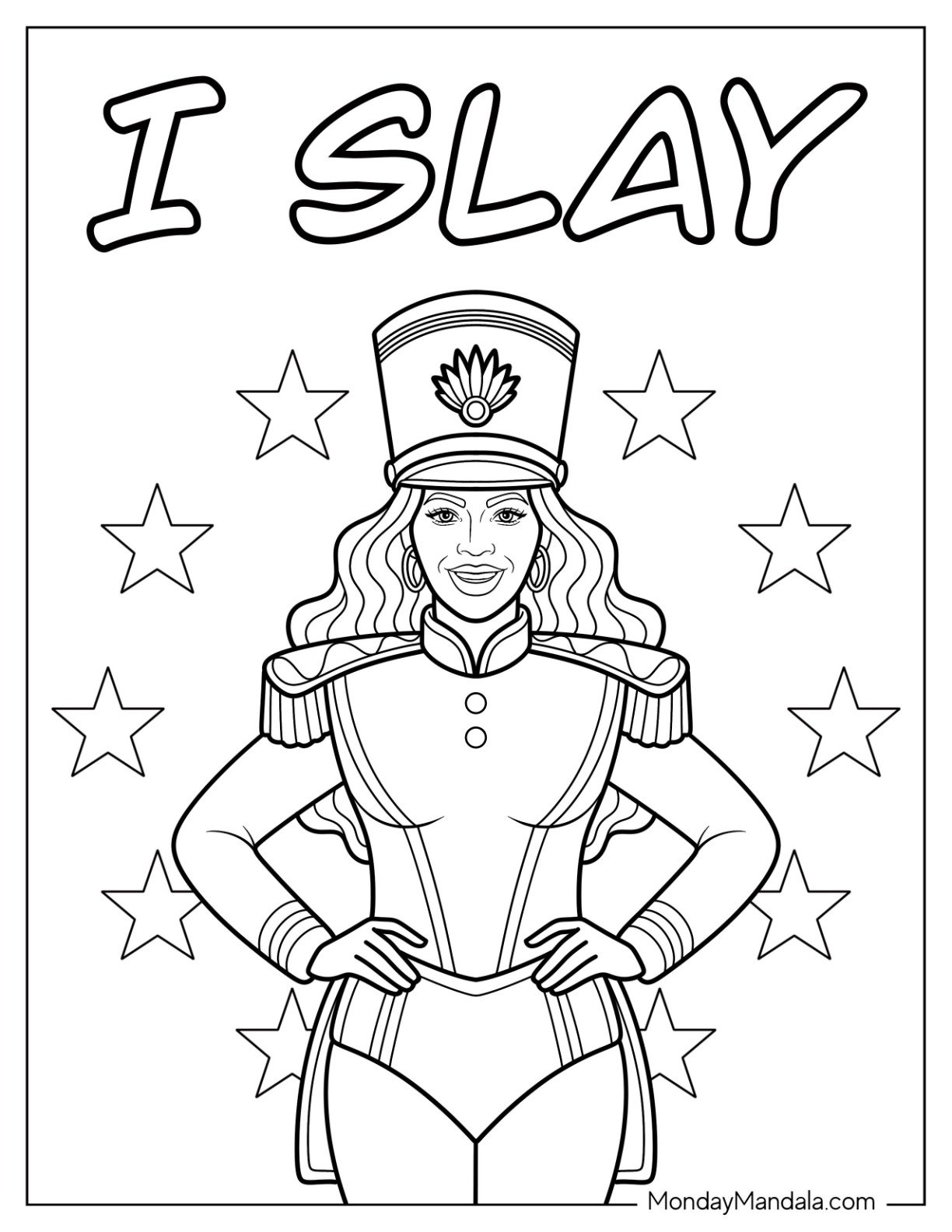 Beyoncé Coloring Page in Majorette Outfit With ‘I Slay’ Text and Stars