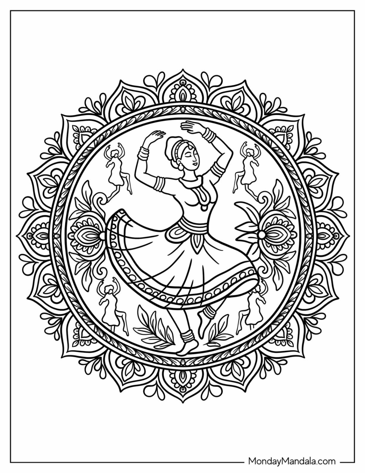 Bharatanatyam Dancer in Traditional Pose Surrounded by Decorative Mandala Dancing Coloring Page