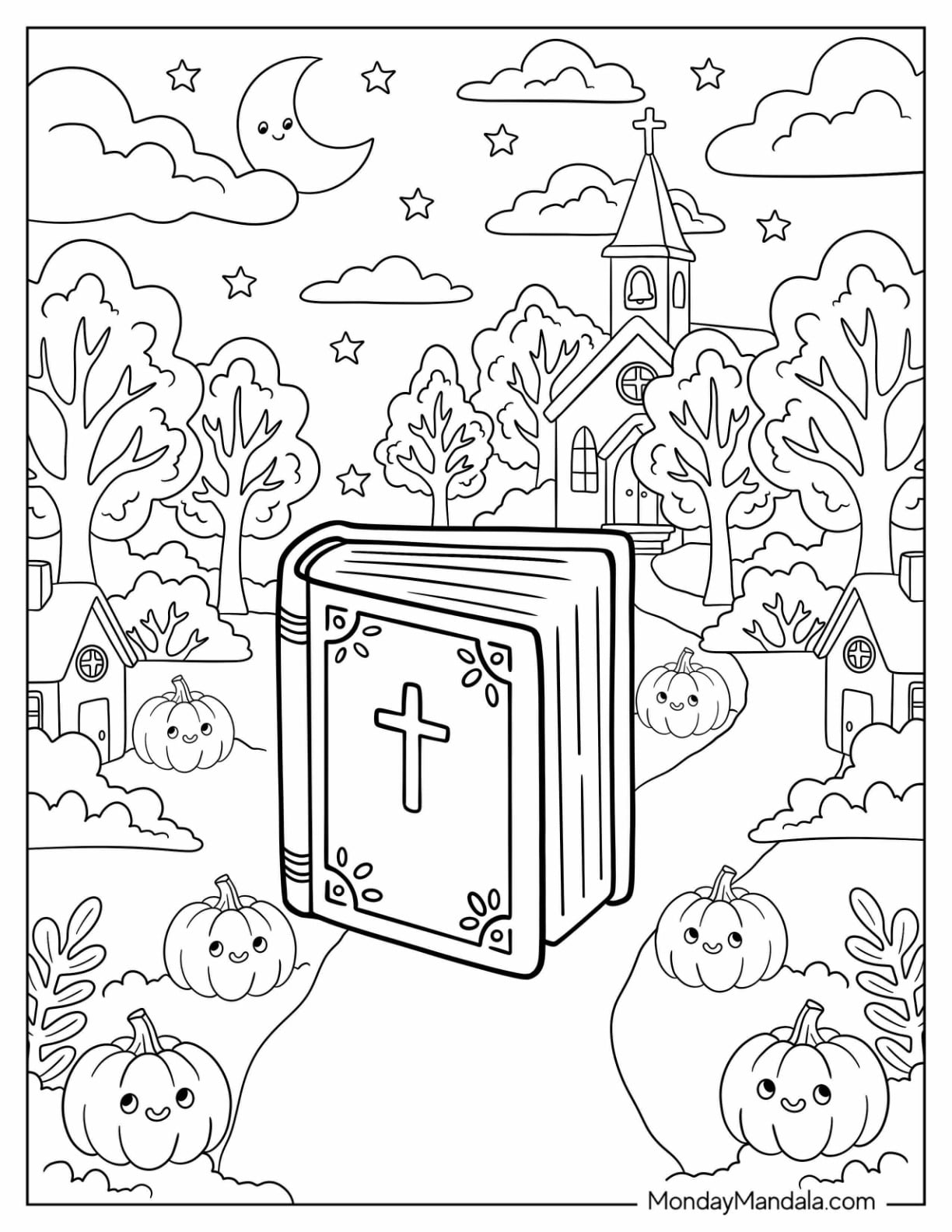Christian Halloween Coloring Page of Bible on a Church Driveway for Kids