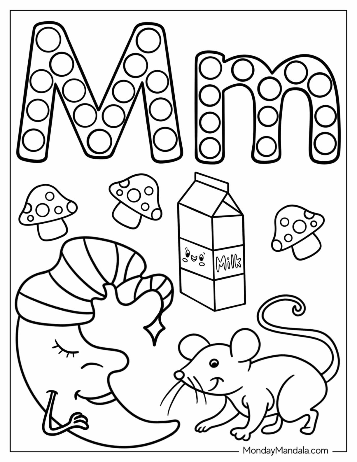 Big And Small Letter M Coloring Page With Things That Start With M
