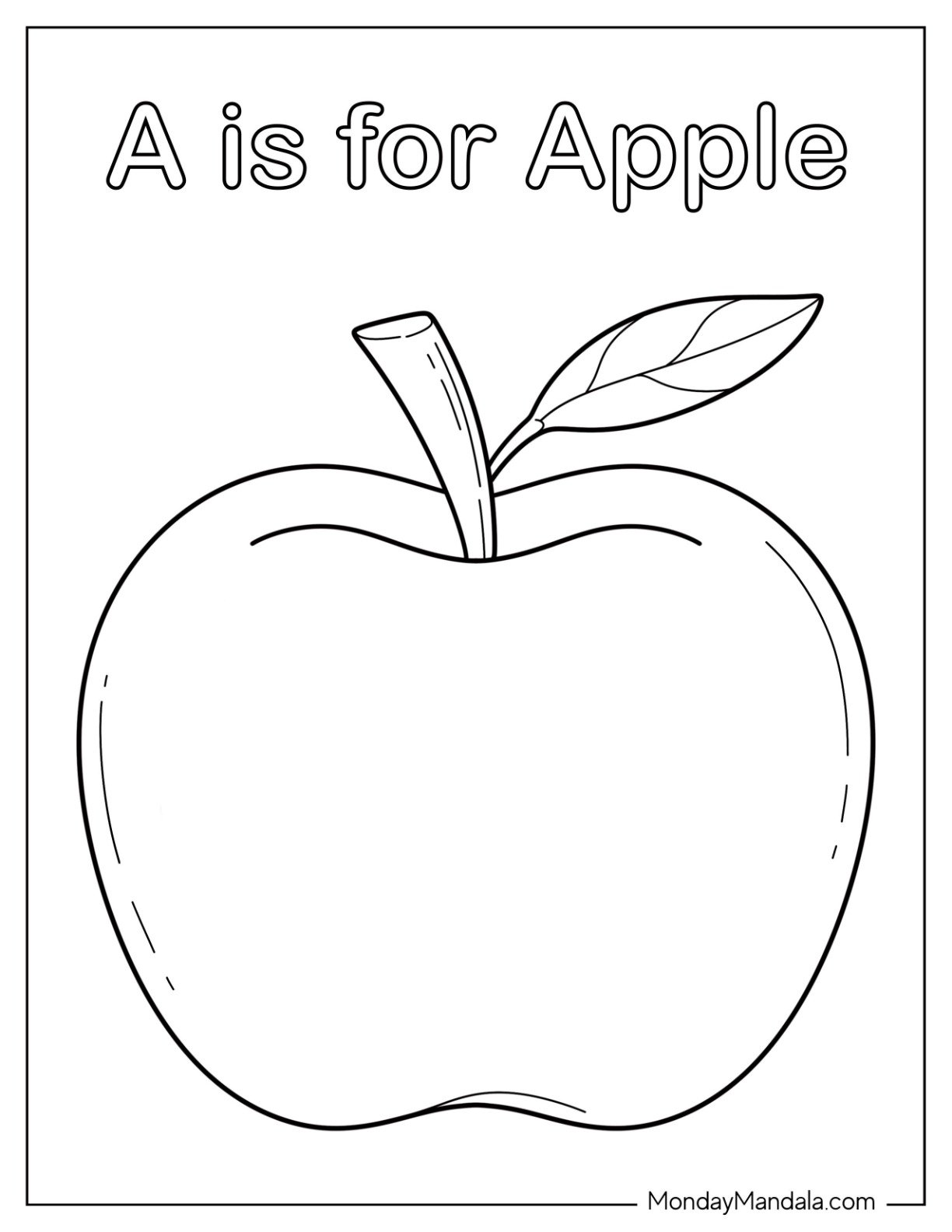 Big Apple Coloring Page with ‘A Is for Apple’ Text for Preschoolers