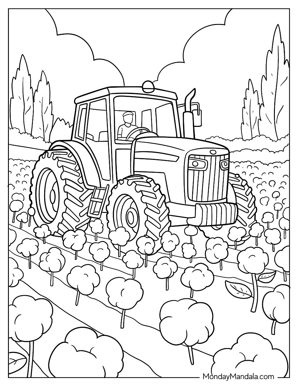 Big Farm Tractor Coloring Page Driving Through Crop Fields
