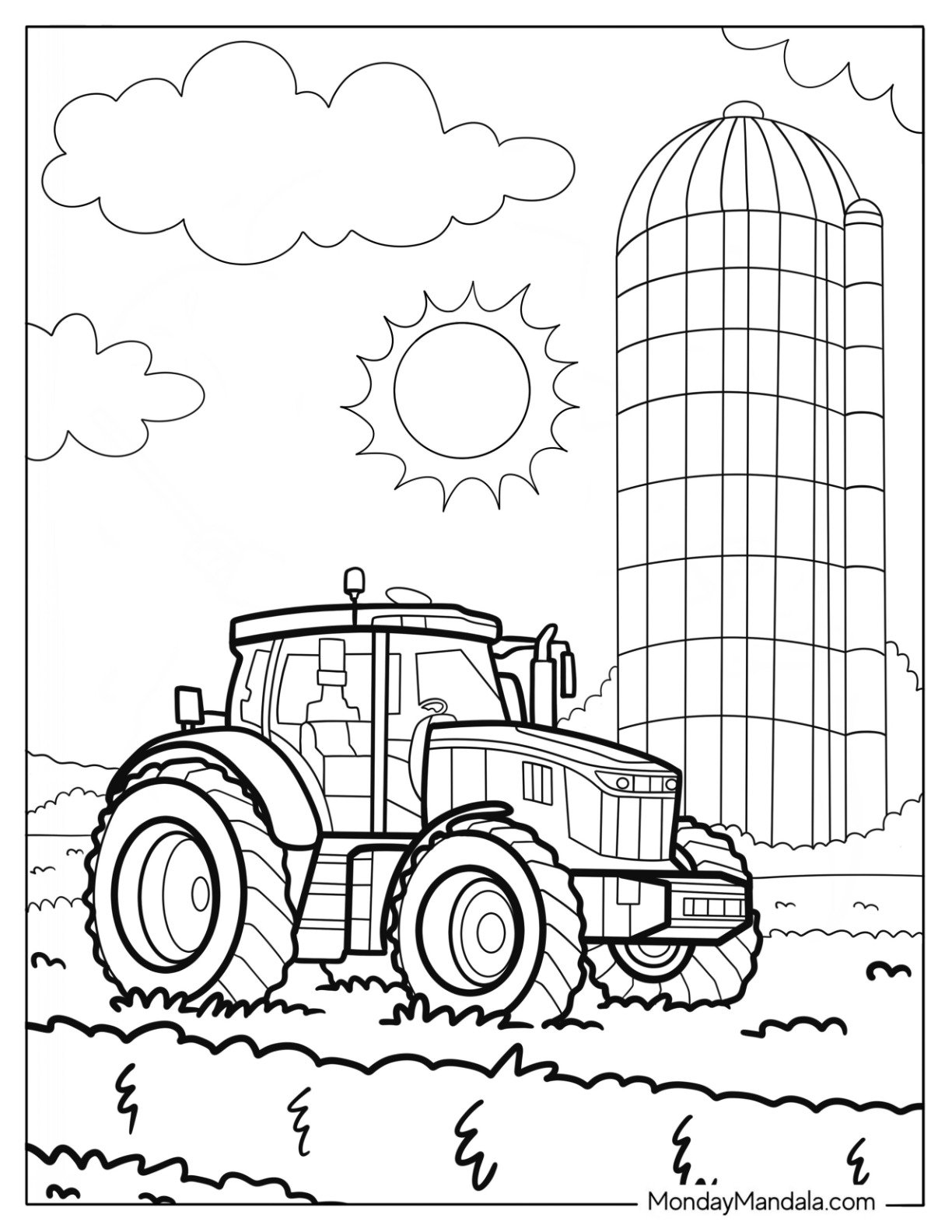 Big Farm Coloring Page of Tractor Parked Beside a Tall Silo Under the Sun