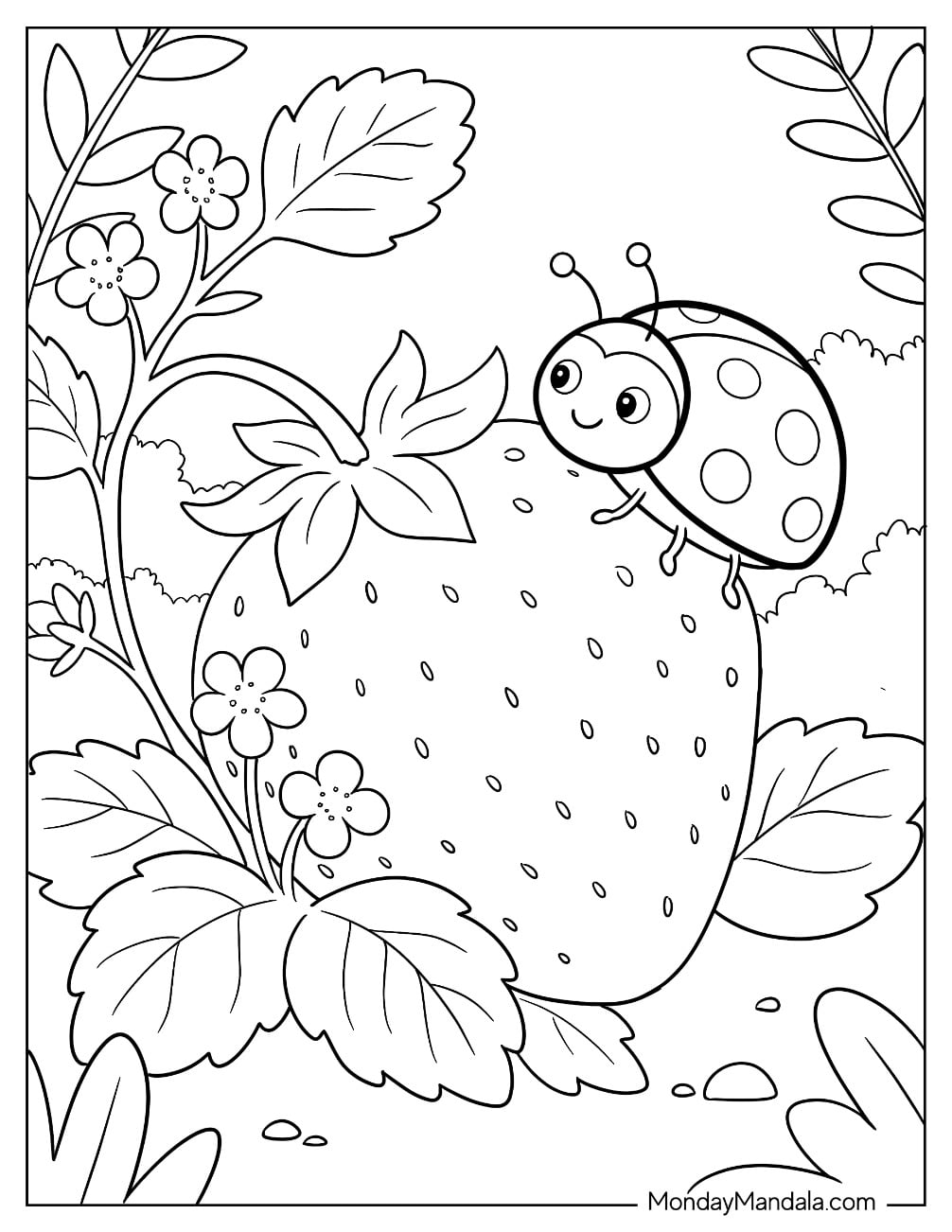 Big Ladybug Climbing a Strawberry Coloring Sheet