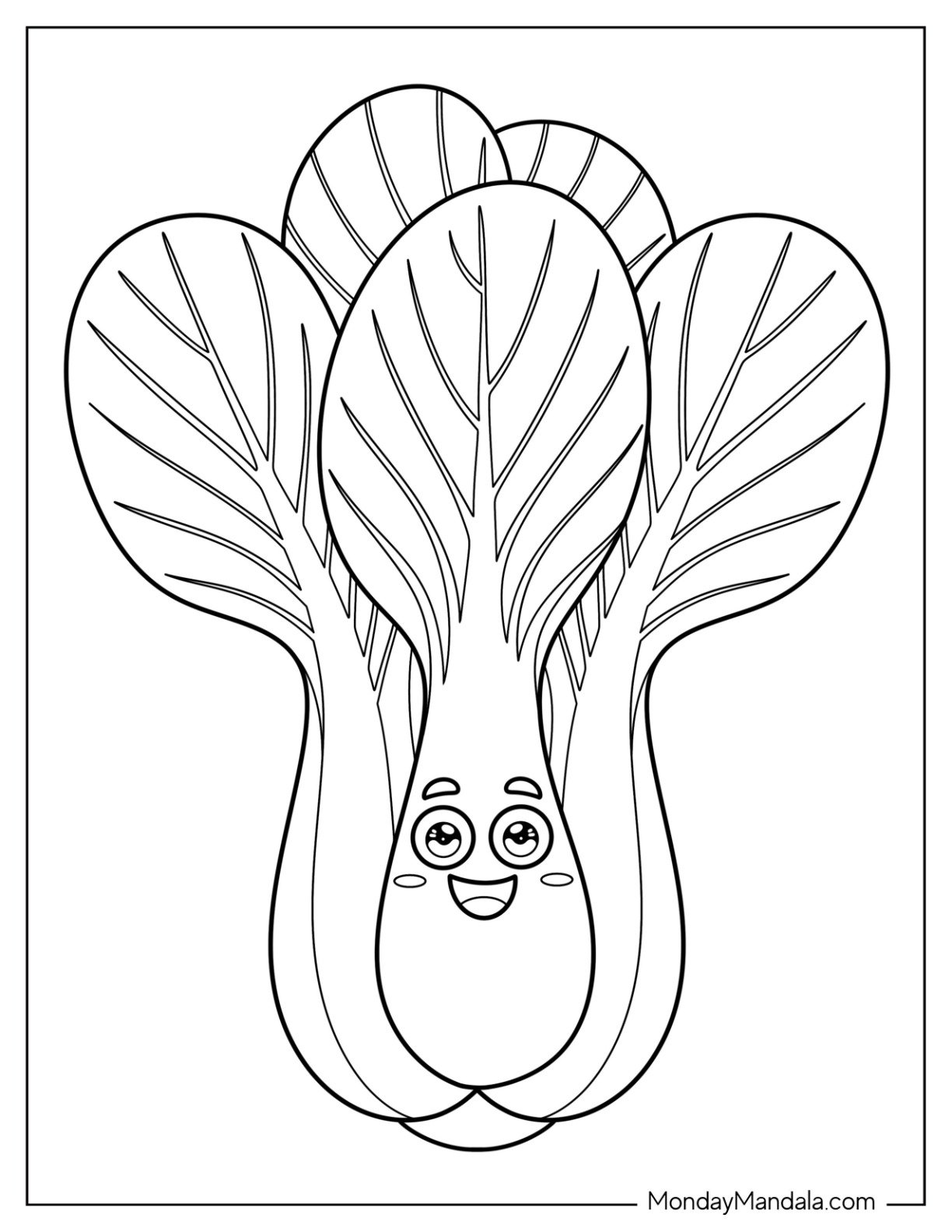 Big Leaf Bok Choy Vegetable Coloring Page with Cute Smile for Preschoolers