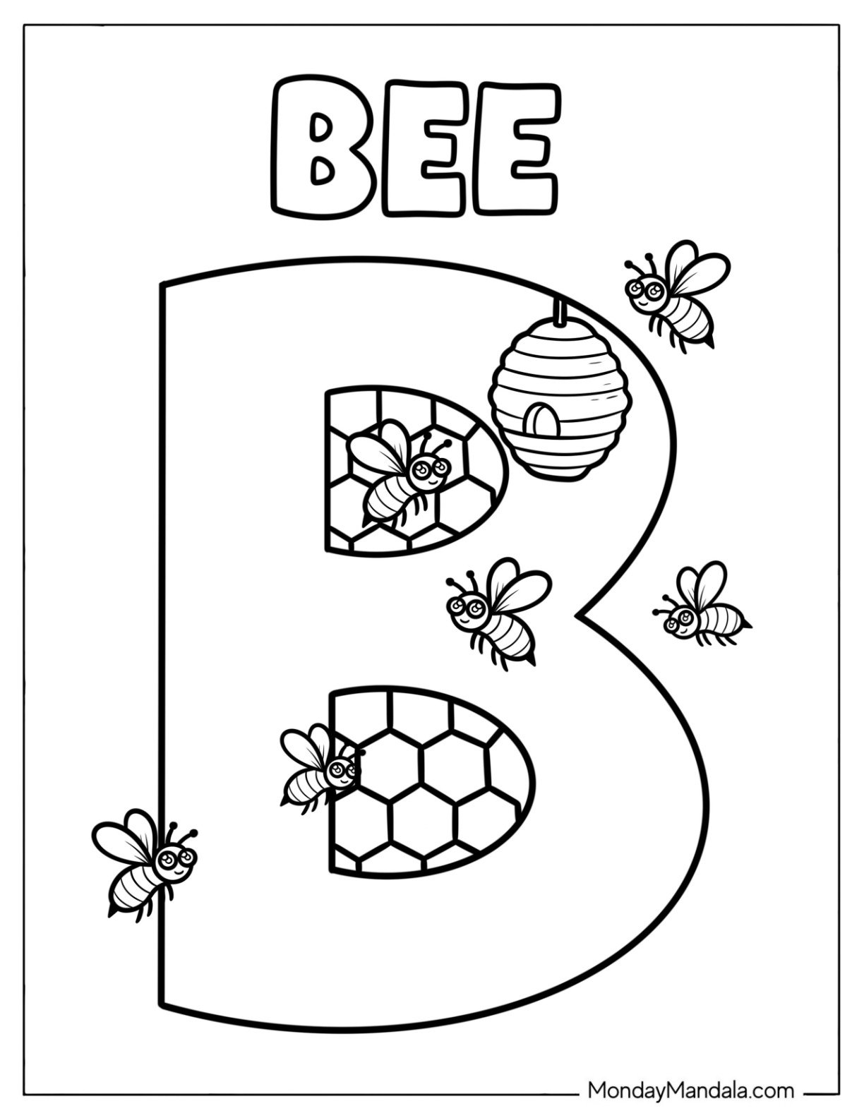 Big Letter B Coloring Page for Bee with Honeycomb Pattern