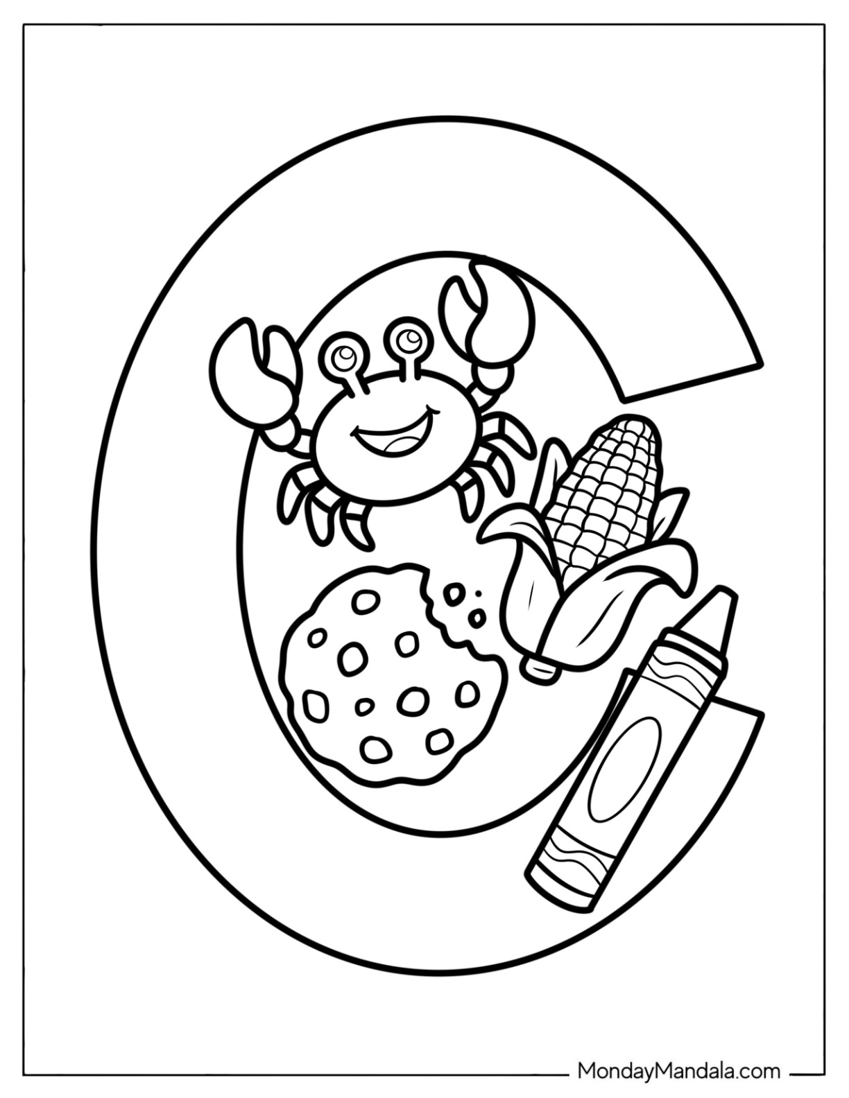 Big Letter C Coloring Page with Crab, Cookie, Corn, and Crayon